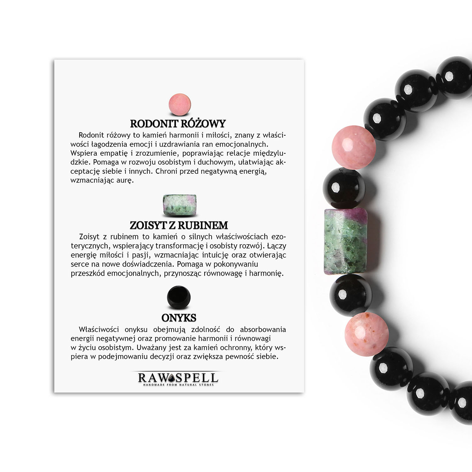 Bransoletka Laeri z kolekcji Laeri - Rodonit Różowy, Zoisyt z Rubinem, Onyks - dla kobiet i mężczyzn Stylowa bransoletka na gumce Laeri z naturalnymi kamieniami: rodonit różowy, zoisyt rubinowy i onyks. Doskonały dodatek dla każdego.