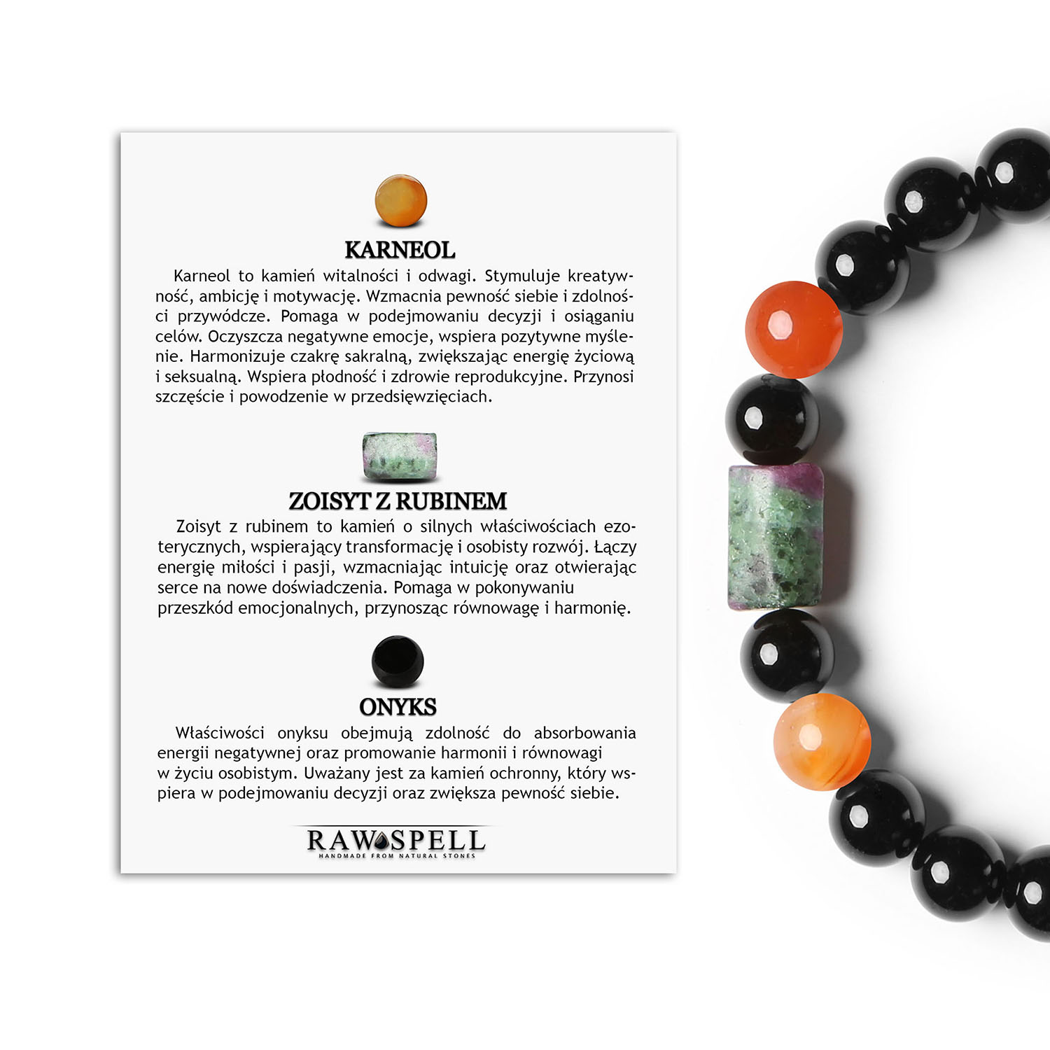 Bransoletka Laeri z onyksem i kamieniem karneol oraz zoisytem z rubinem dla kobiet i mężczyzn Bransoletka z kamieniami naturalnymi z kolekcji Laeri, idealna dla kobiet i mężczyzn, którym zależy na elegancji i naturalnym pięknie.