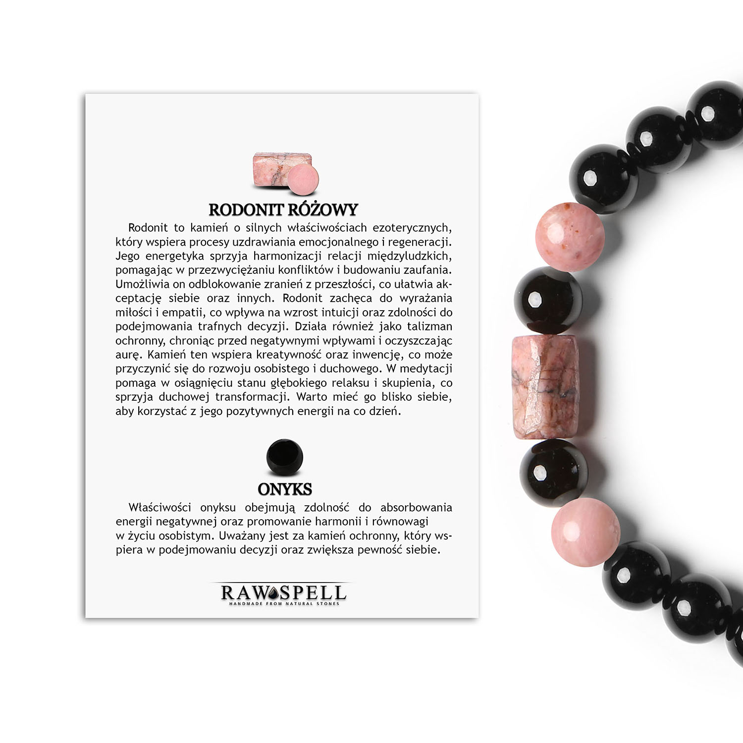 Bransoletka Laeri z różowym rodonitem i onyksami, idealna dla kobiet i mężczyzn Różowa bransoletka z kolekcji Laeri, wykonana z naturalnego rodonitu i onyksu, doskonała na prezent dla każdej płci.