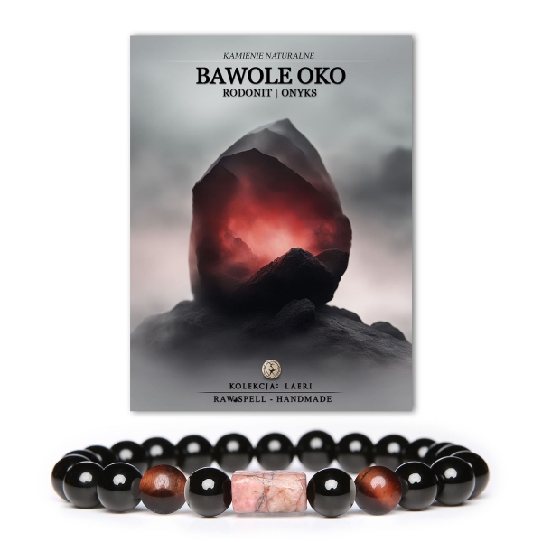 Stylowa bransoletka Laeri z kamieniami naturalnymi, w tym Bawole Oko, różowym Rodonitem i Onyks, przeznaczona dla kobiet i mężczyzn.