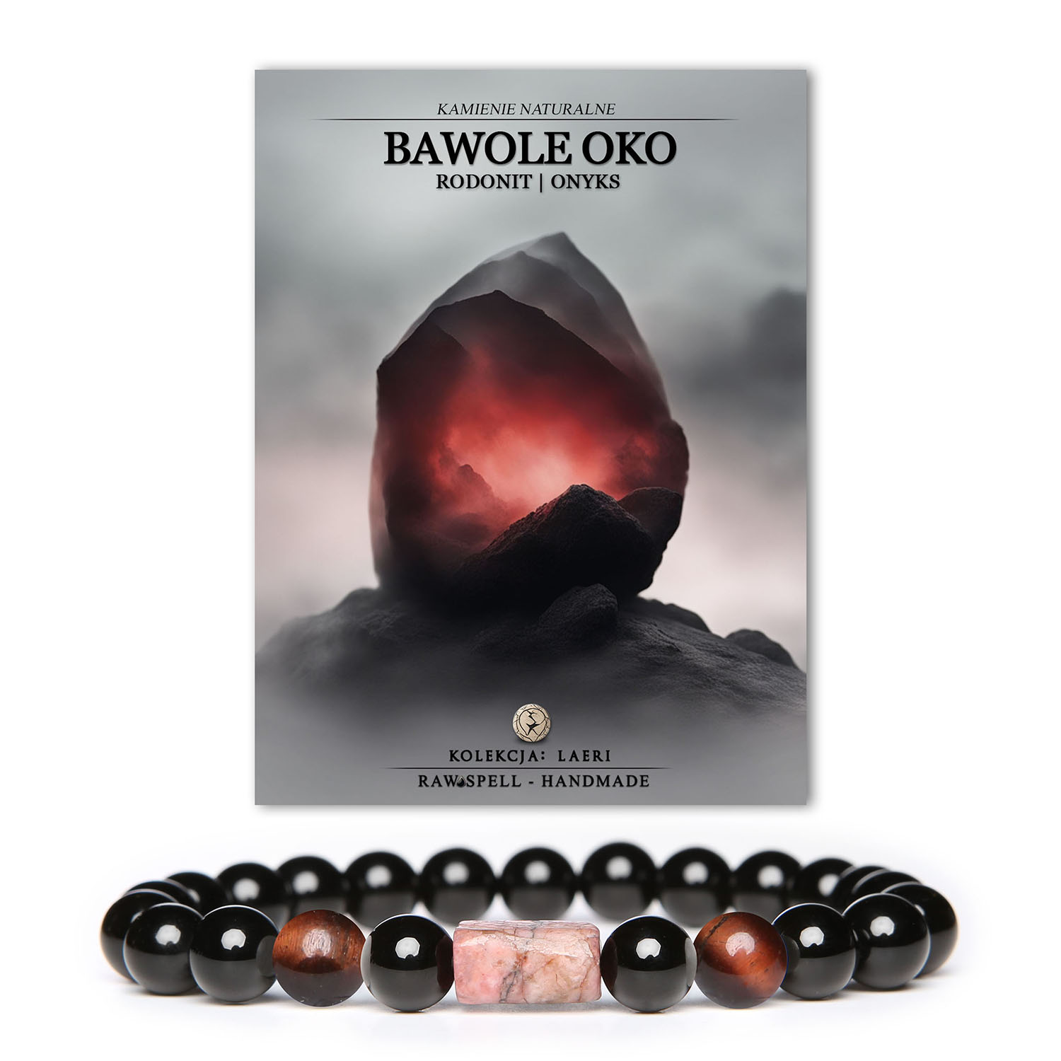 Stylowa bransoletka Laeri z kamieniami naturalnymi, w tym Bawole Oko, różowym Rodonitem i Onyks, przeznaczona dla kobiet i mężczyzn.