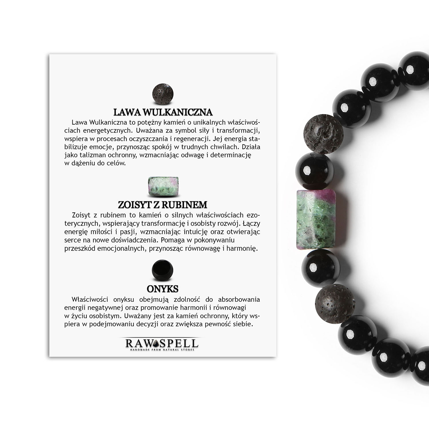 Bransoletka Lawa Wulkaniczna z Zoisystem Onykiem i Rubinem Dla Kobiet i Mężczyzn Kolekcja Laeri Bransoletka na gumce z kolekcji Dla Kobiet i Mężczyzn - Laeri, ozdobiona kamieniami naturalnymi: lawa wulkaniczna, zoisyt z rubinem i onyks.