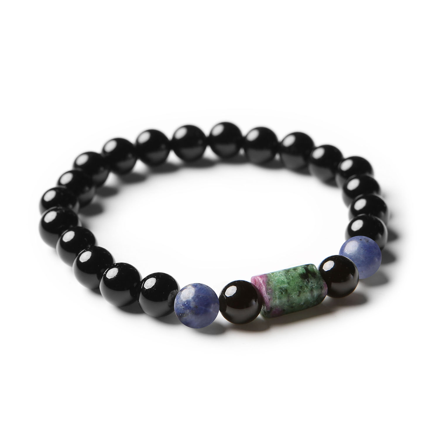 Bransoletka na gumce Laeri w kolorach sodalitu, zoisytu z rubinem i onyksu – wyjątkowy dodatek dla każdej kobiety i mężczyzny.