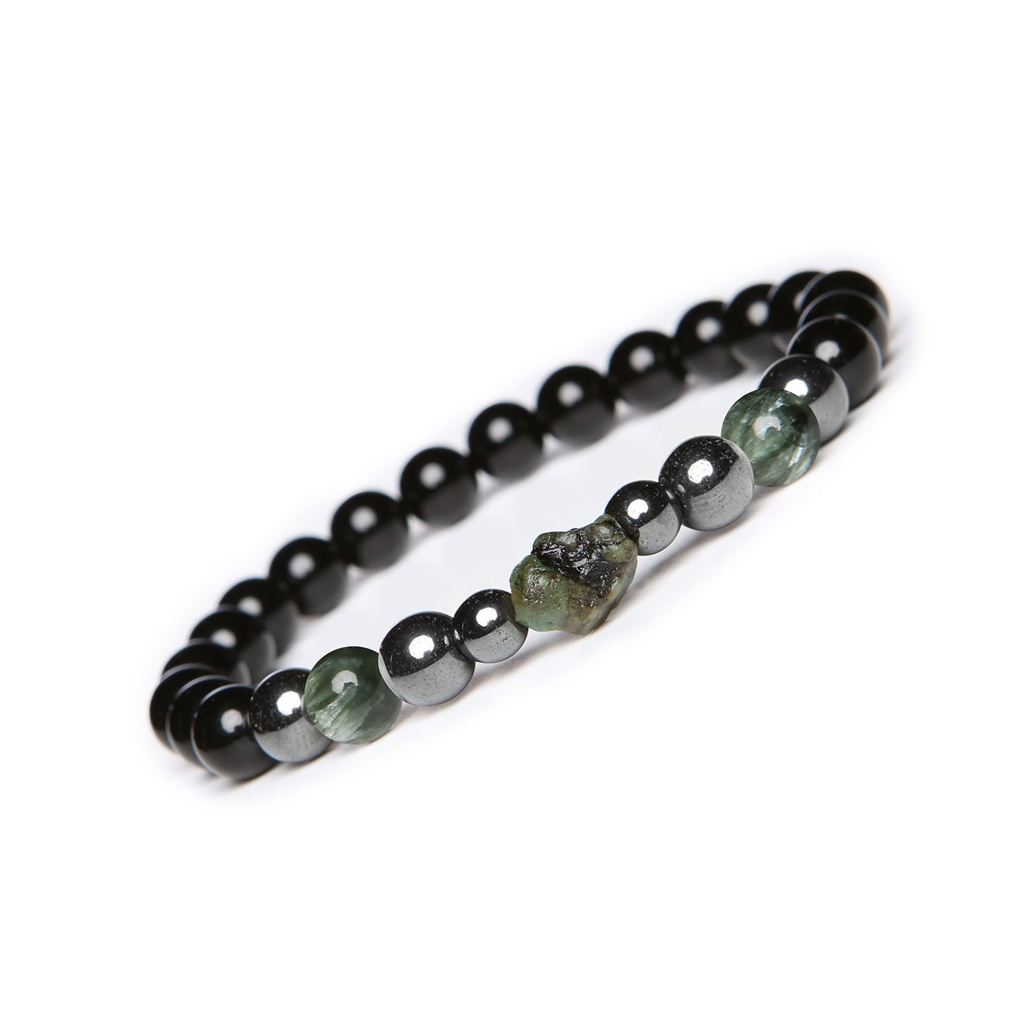 Bransoletka Serafinit z szmaragdem i onyksem dla kobiet i mężczyzn z kolekcji Elai Bransoletka Elai z naturalnych kamieni: serafinit, szmaragd, onyks i hematyt grafitowy. Stylowy dodatek dla kobiet i mężczyzn.