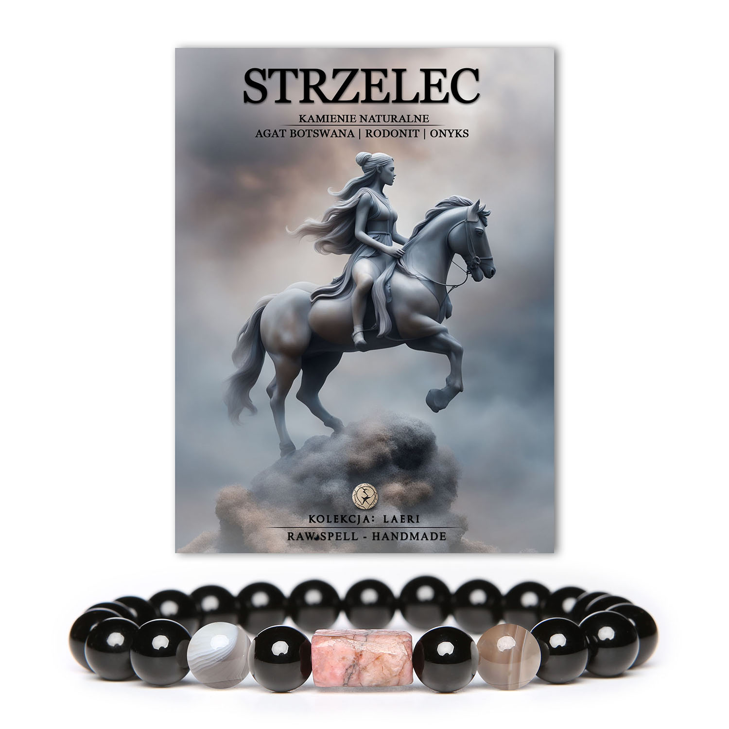 Elegancka bransoletka Strzelca z naturalnych kamieni - Agat Botswana, Rodonit i Onyks, dostępna w kolekcji Laeri dla każdego miłośnika astrologii.