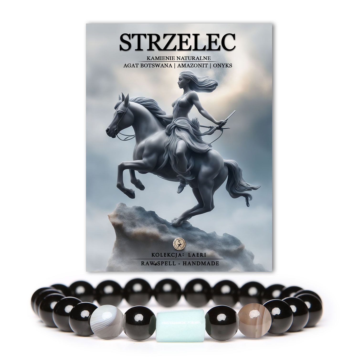 Stylowa bransoletka na gumce z kamieni naturalnych, w kolorach agatu Botswana i amazonitu, symbolizująca energię Strzelca w wersji damskiej i męskiej.