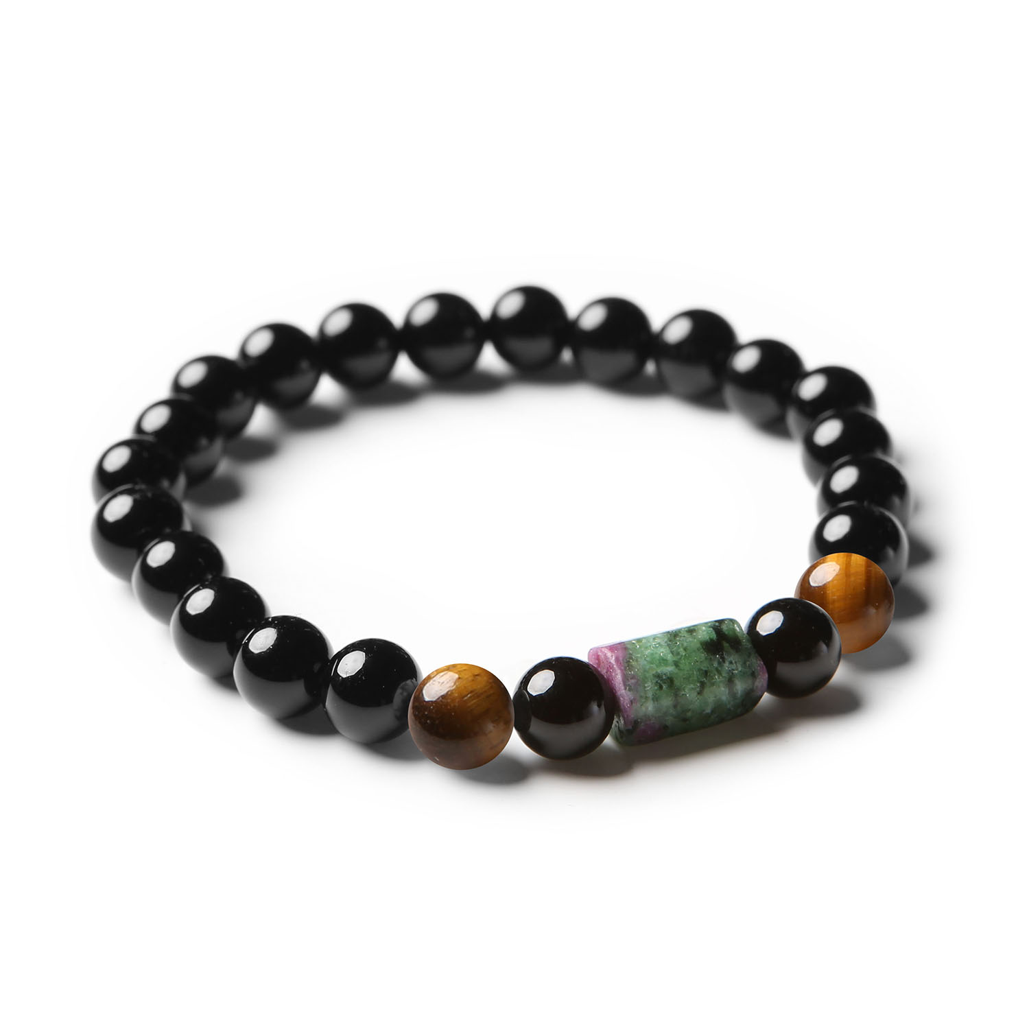 Gumowa bransoletka z kolekcji Dla Kobiet i Mężczyzn, ozdobiona kamieniami naturalnymi: Tygrysim Okiem, Zoisytami z Rubinem i Onyksami.