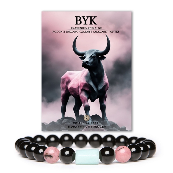 Bransoletka z naturalnych kamieni dla Byka, wykonana z rodonitu różowo-czarnego, amazonitu i onyksu. Idealna dla kobiet i mężczyzn.