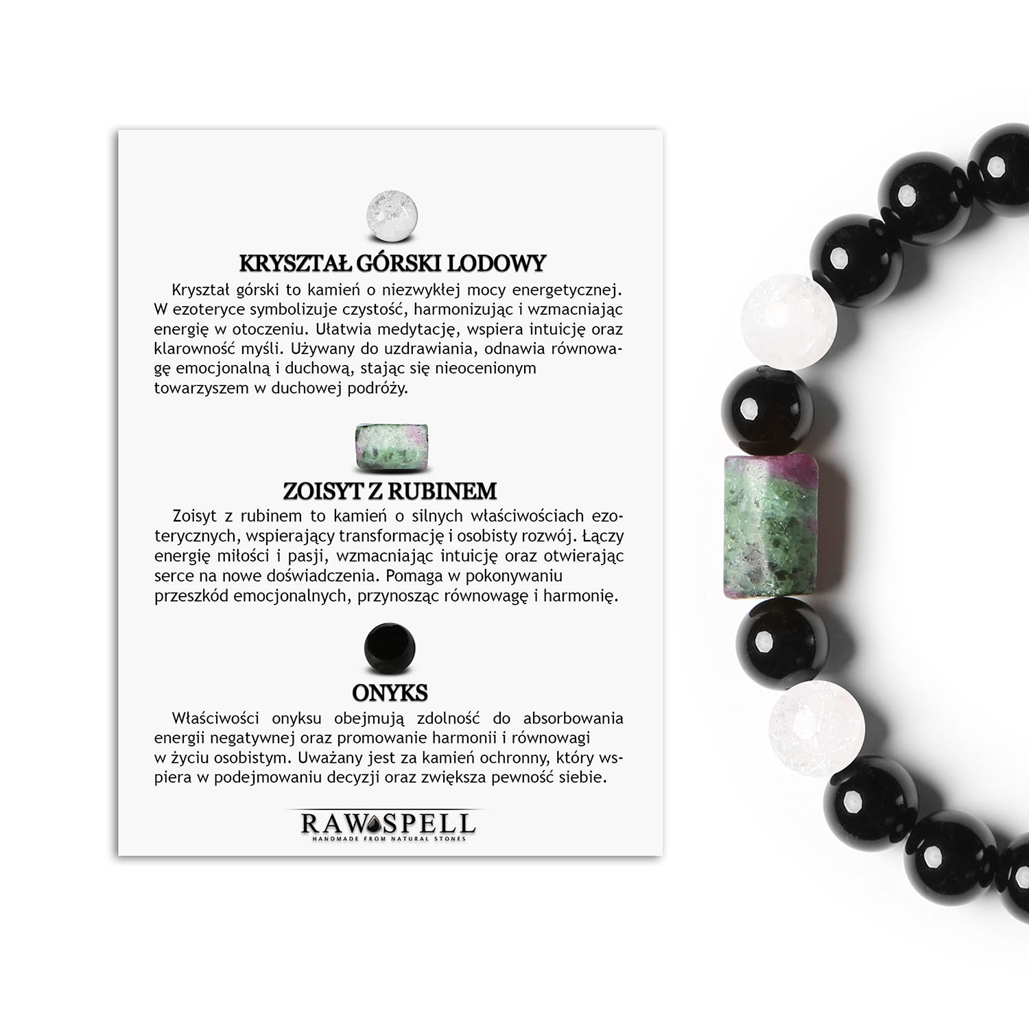 Bransoletka dla Dziewczyn i Mężczyzn ze zbioru Laeri Bransoletka z kolekcji Laeri, ozdobiona Kryształem Górskim Lodowym, Zoisyt z Rubinem i Onyks. Doskonała dla każdego, niezależnie od płci.