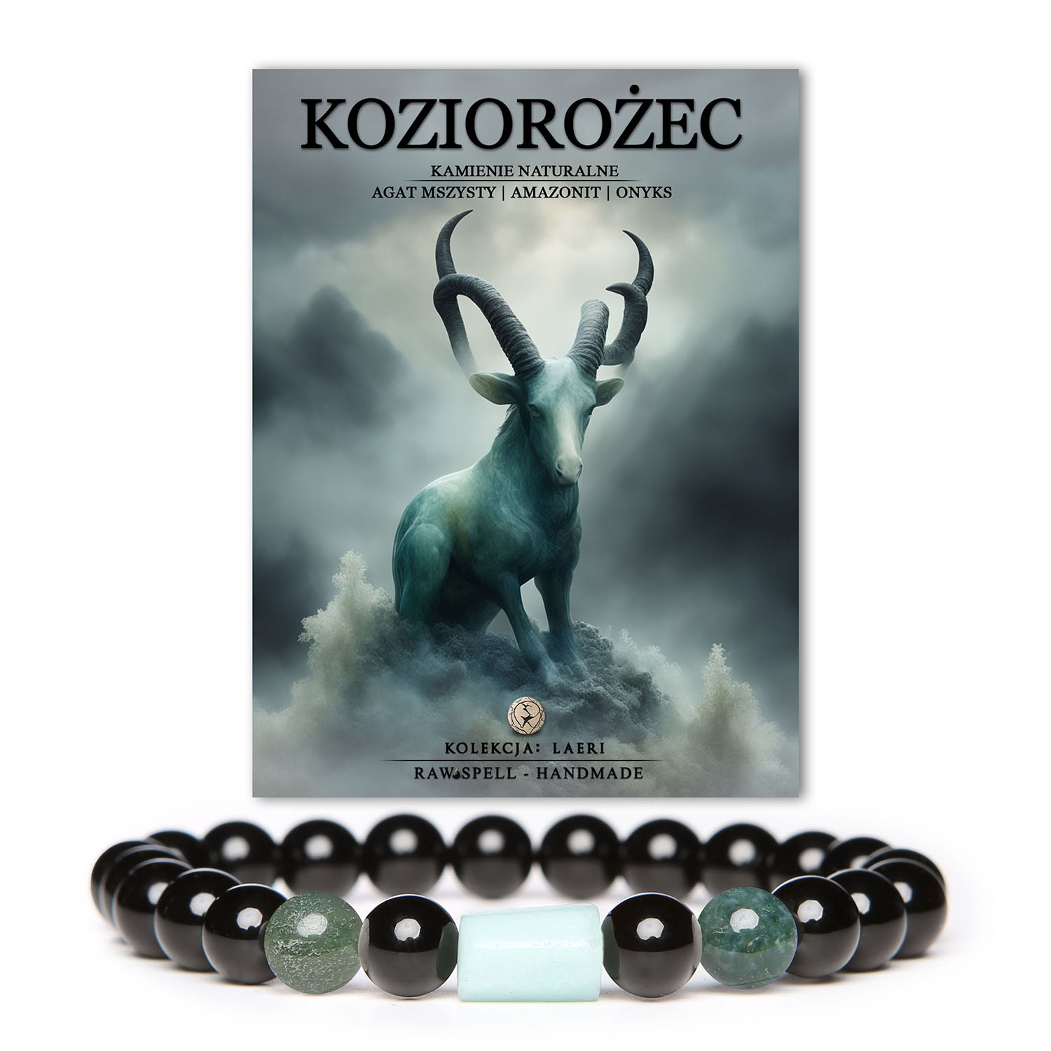 Bransoletka na gumce z naturalnych kamieni: agat mszysty, amazonit i onyks, idealna dla Koziorożców. Elegancja w męskim i damskim stylu.