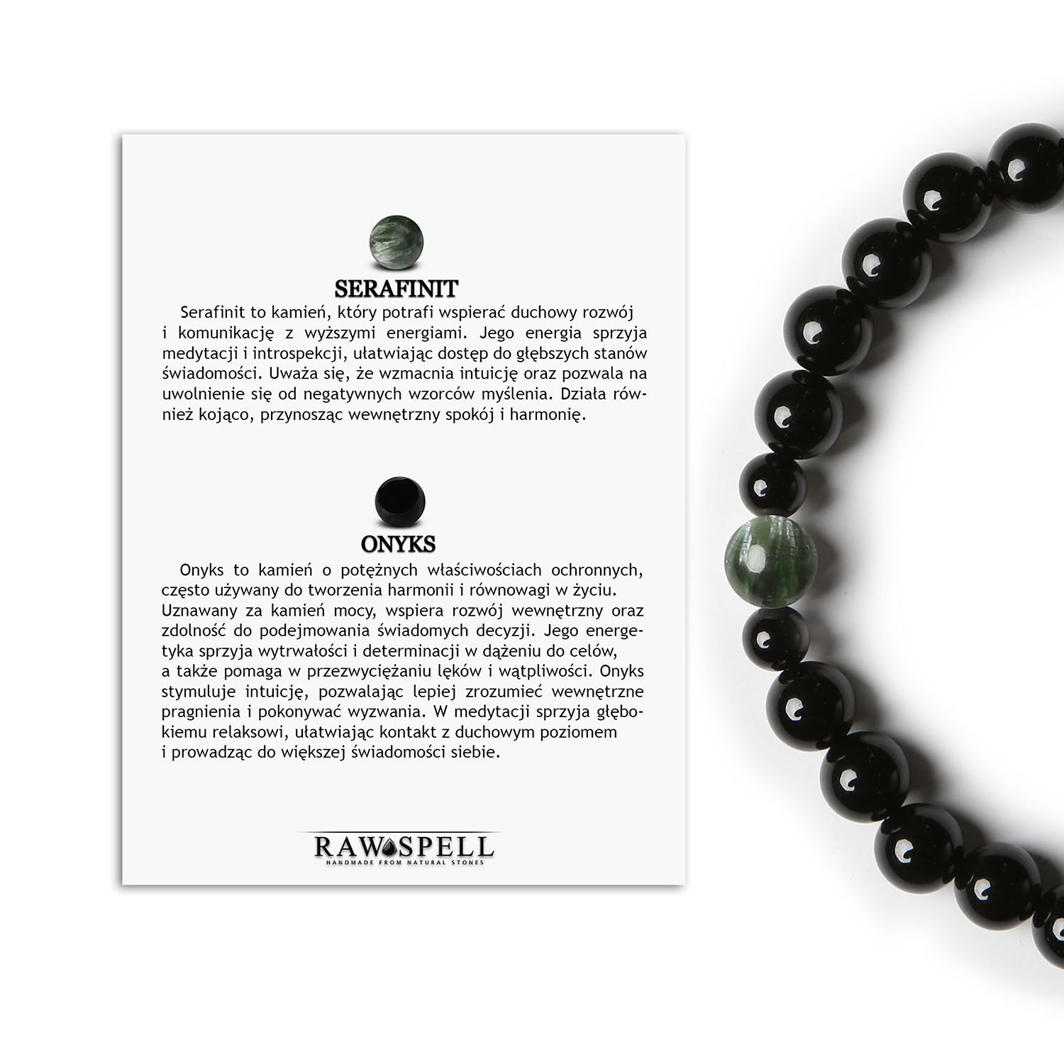 Bransoletka dla kobiet i mężczyzn z serafinitu i onyksu z kolekcji Binthe Bransoletka z kolekcji Binthe, łącząca kamienie naturalne Serafinit i Onyks, stworzona z myślą o kobietach i mężczyznach.