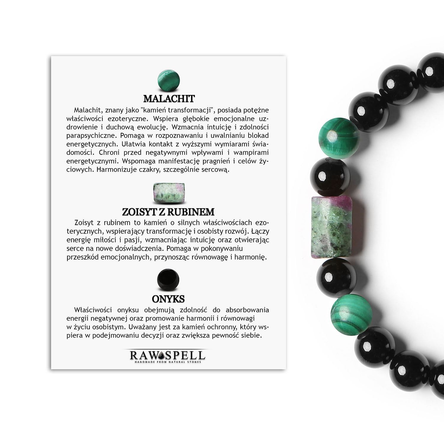 Bransoletka gumka dla mężczyzn i kobiet kolekcji Laeri z Malachitem, onyks, Rubinem, i Zoisytem Elegancka bransoletka Laeri na gumce, z kamieniami szlachetnymi: malachit, zoisyt z rubinem oraz onyks, unisex.