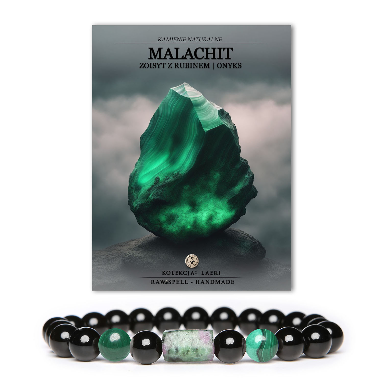 Bransoletka Dla Kobiet i Mężczyzn Laeri wykonana z malachitu, zoisytów z rubinem i onyksu, elastyczna gumka.