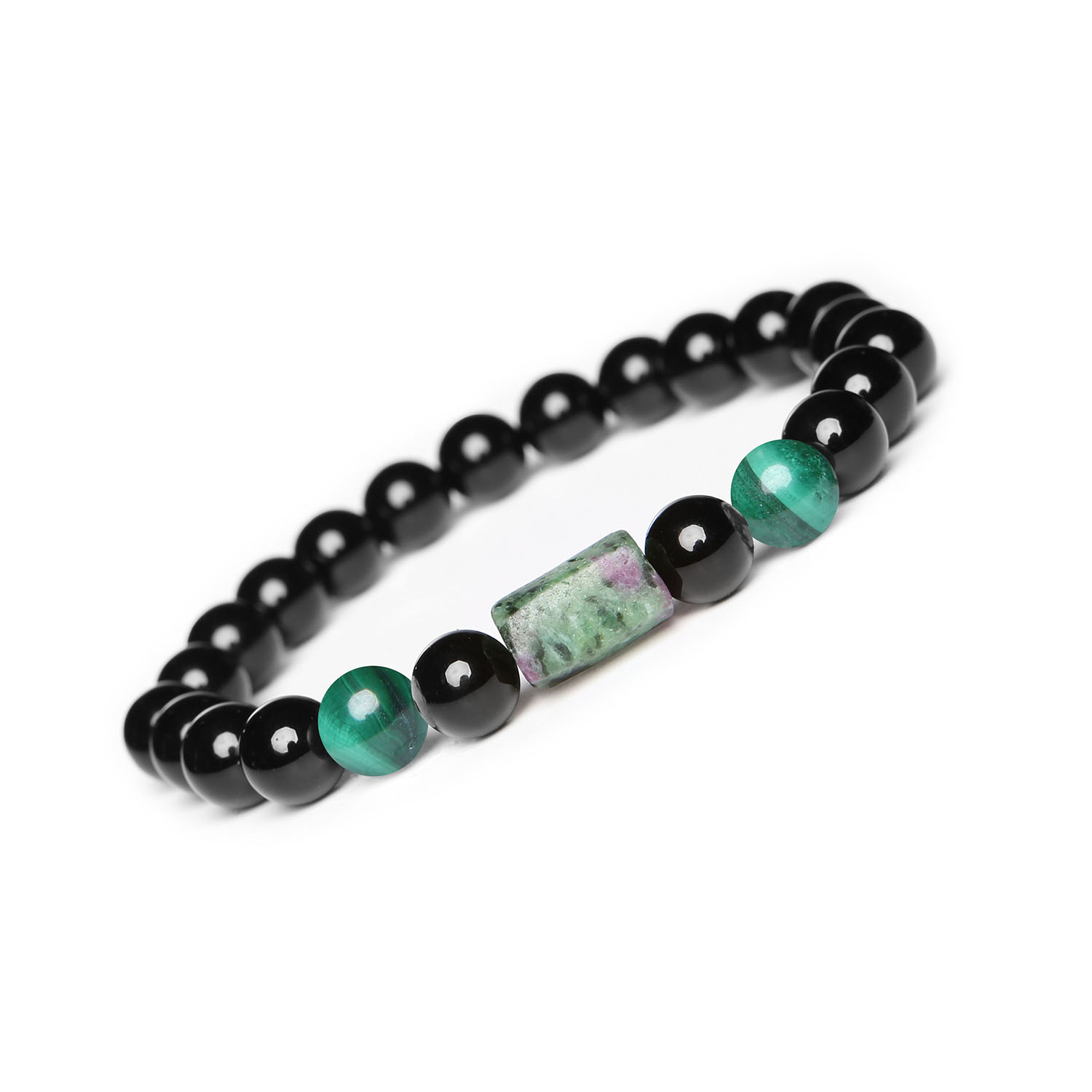 Bransoletka gumki kolekcji Laeri z Malachitem Zoisytem i Rubinem - dla wszystkich Stylowa bransoletka na gumce Laeri z naturalnymi kamieniami: malachitem, zoisytami z rubinem oraz onyksami, idealna dla każdego.