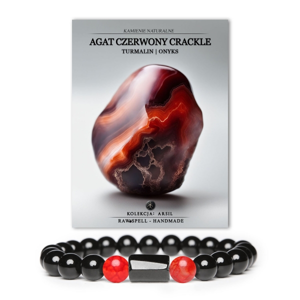 Elegancka bransoletka z kolekcji Arsil, zdobiona kamieniami: agat czerwony crackle, turmalin oraz onyks. Odpowiednia dla wszystkich płci.