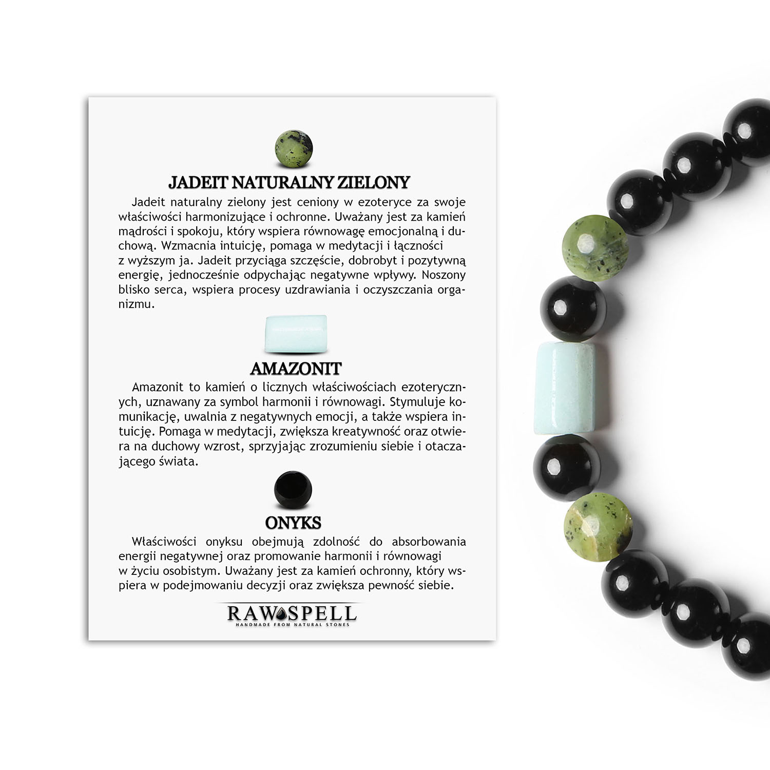 Bransoletka gumowa Laeri w zielony jadeit, amazonit i onyks - idealna dla kobiet i mężczyzn Laeri - ekskluzywna bransoletka dla mężczyzn i kobiet, kamienie naturalne: jadeit, amazonit i onyks