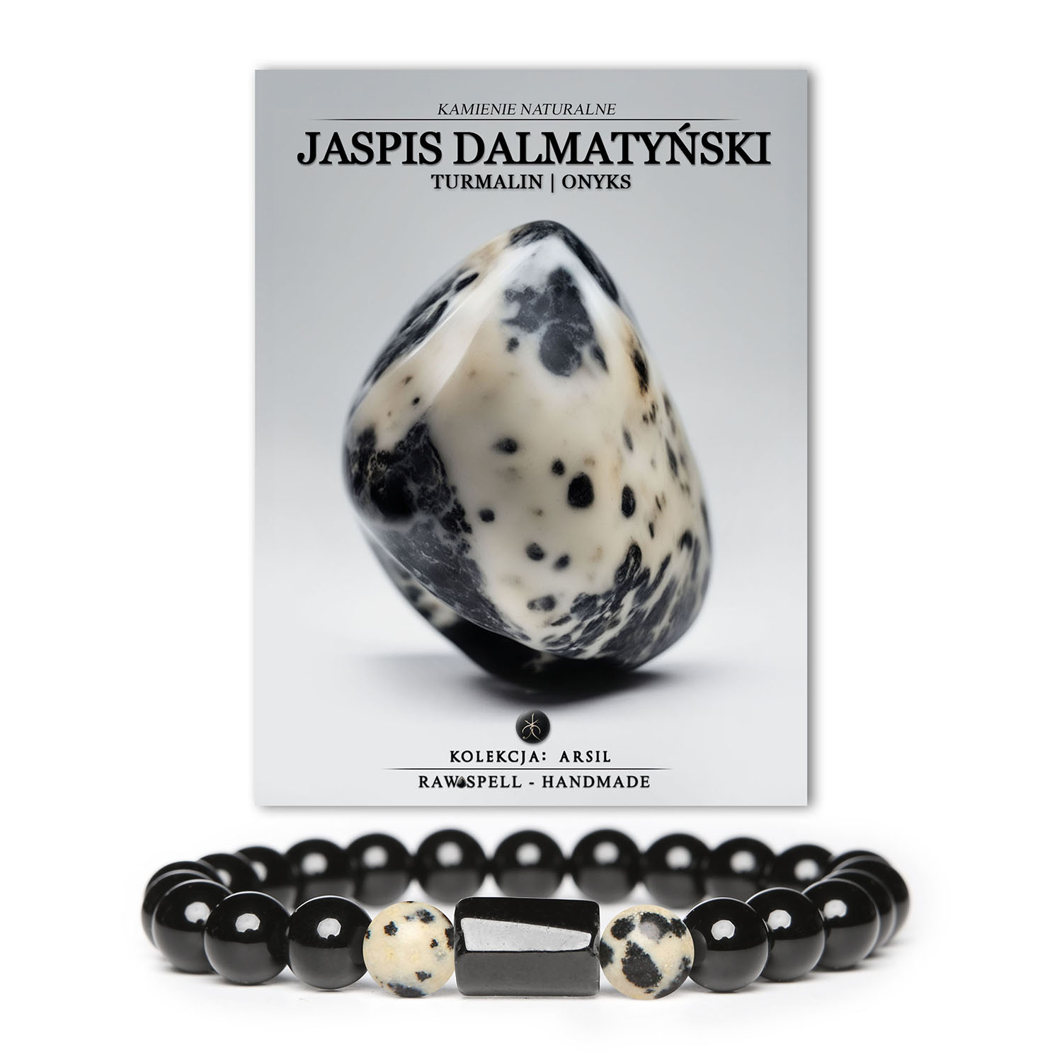 Bransoletka z kolekcji Arsil, wykonana z Jaspisu Dalmatyńskiego, Turmalinu i Onyks, doskonała zarówno dla kobiet, jak i mężczyzn.