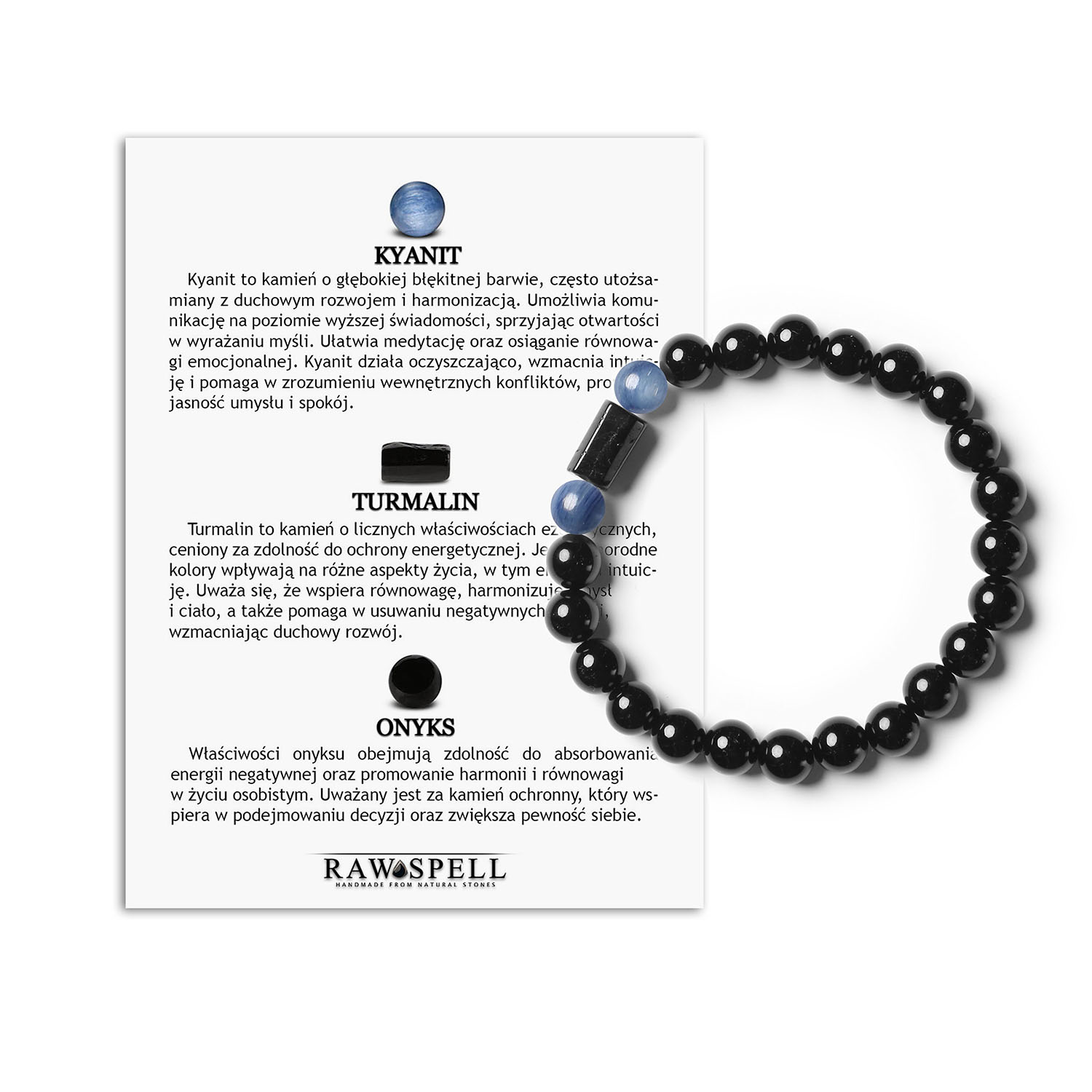 Bransoletka gumowa z kolekcji Arsil z kyanitem, turmalinem i onyksami, doskonała dla każdej płci Bransoletka Arsil. Piękne kamienie dla kobiet i mężczyzn. Kombinacja kyanitu i onyksu w stylowej bransoletce.