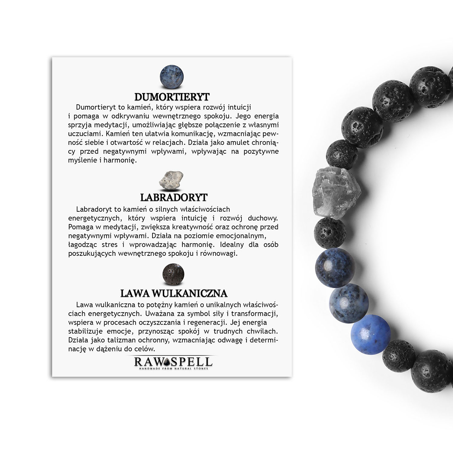 Bransoletka gumowa z kolekcji Derdr, wykonana z Dumortierytu, Labradorytu i Lawy Wulkanicznej, dla kobiet i mężczyzn Elegancka bransoletka z kamieniami naturalnymi, takimi jak dumortieryt, labradoryt i lawa wulkaniczna, z kolekcji Derdr, dla kobiet i mężczyzn.