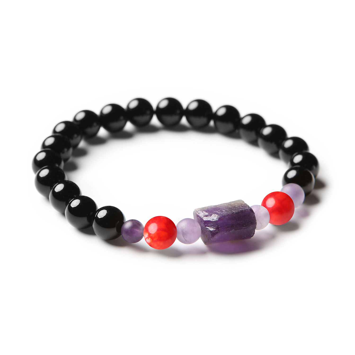 Elegancka bransoletka z kolekcji Kema, ozdobiona naturalnymi kamieniami: Czerwonym Agatem Crackle, Ametystem i Onykiem, z myślą o kobietach i mężczyznach.