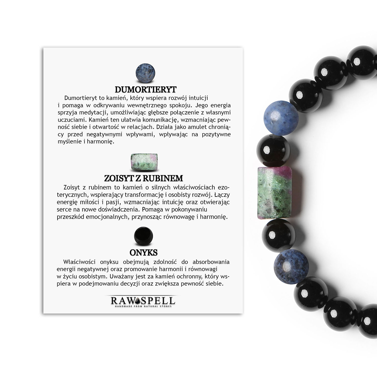 Bransoletka gumowa z kolekcji Laeri z dumortierytem, zoisyt z rubinem i onyksem, unisex Bransoletka z kamieni naturalnych w kolekcji Laeri: dumortieryt, zoisyt z rubinem i onyks, unisex - pasująca do każdego stylu.