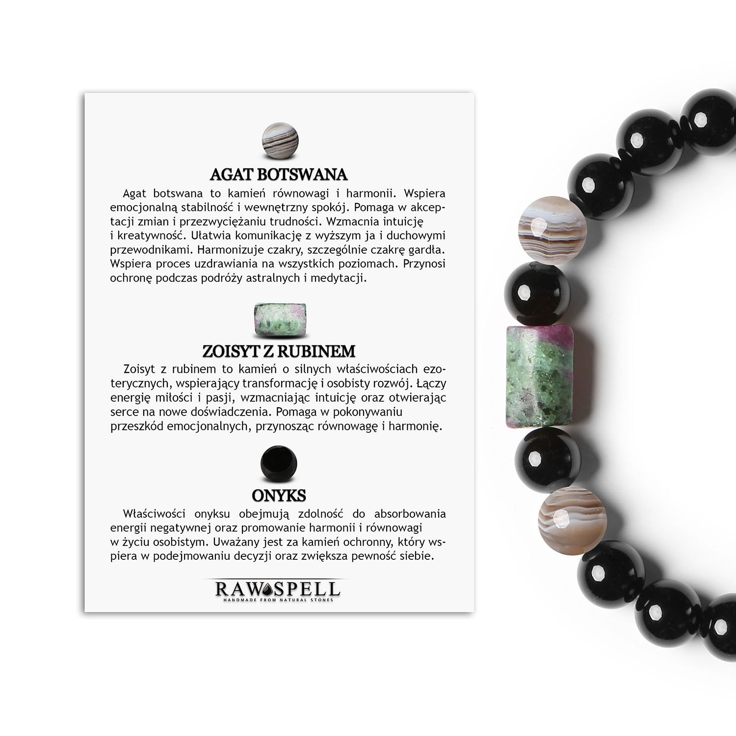 Bransoletka kolekcji Laeri z Agatem Botswana Zoisytem z Rubinem Onyksem idealna dla Kobiet i Mężczyzn Bransoletka z kolekcji dla kobiet i mężczyzn, ozdobiona naturalnymi kamieniami.