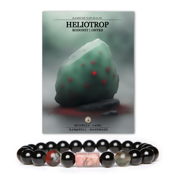 Bransoletka z kolekcji Laeri z kamieniami heliotropu, rodonitu i onyksu — unikalny dodatek dla każdego, bez względu na płeć.