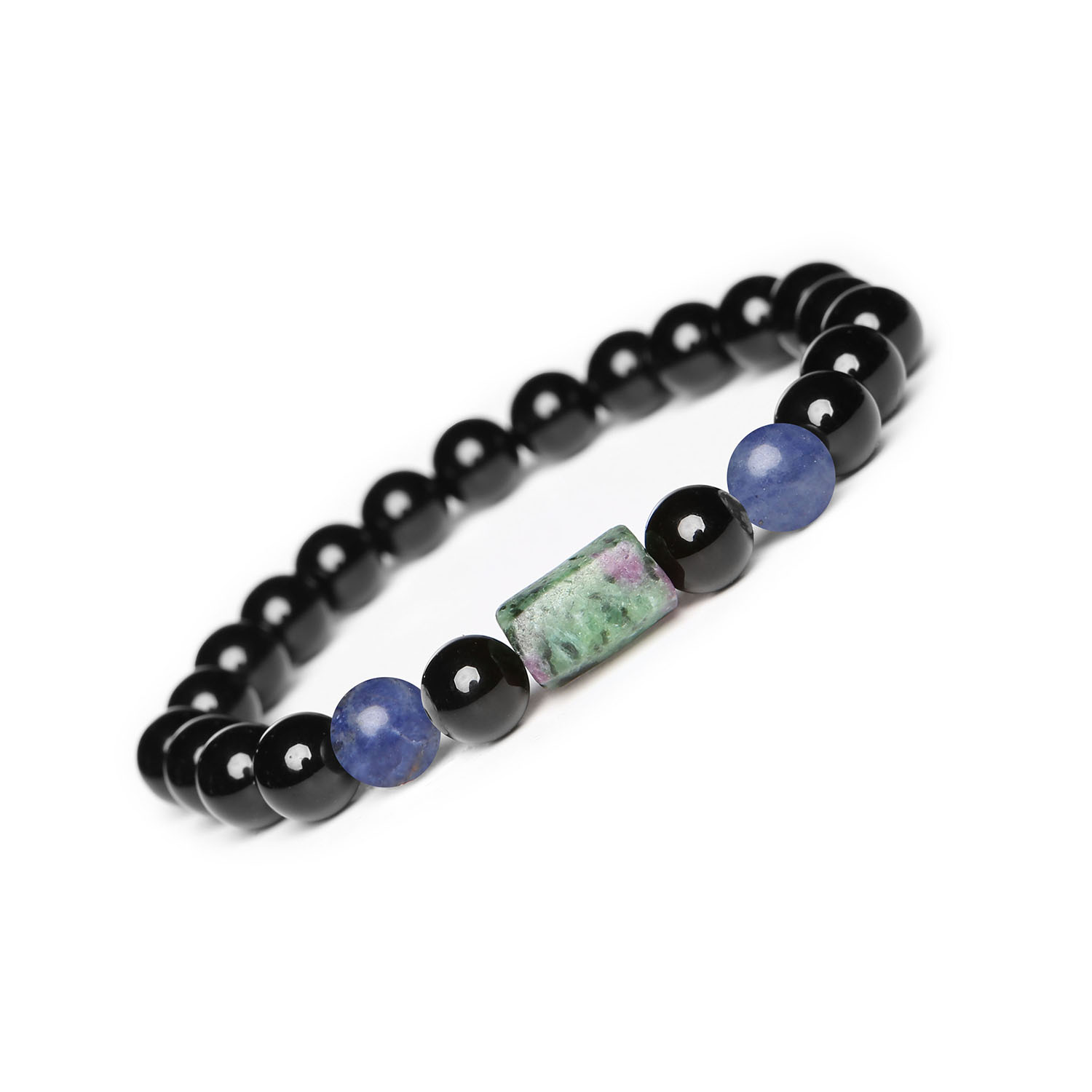 Bransoletka na Gumce Kolekcji Laeri Sodalit Zoisyt Z Rubinem Onyks dla Kobiet i Mężczyzn Stylowa bransoletka Laeri wykonana z kamieni naturalnych: sodalit, zoisyt z rubinem oraz onyks – idealna propozycja dla kobiet i mężczyzn.