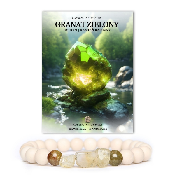 Bransoletka Cymiri z naturalnymi kamieniami: granatem zielonym, cytrynem i kamieniem rzecznym, doskonała zarówno dla kobiet, jak i mężczyzn.