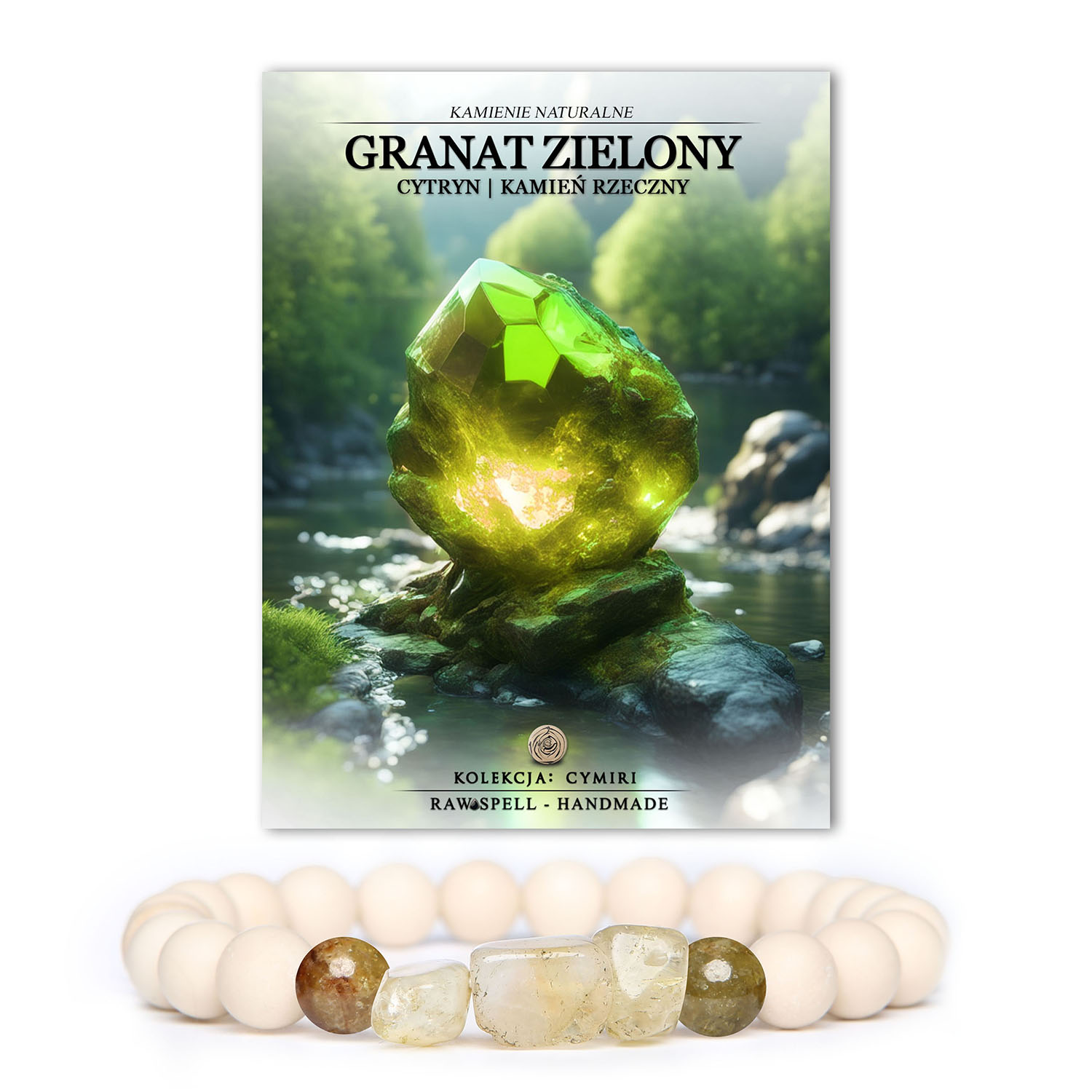 Bransoletka Cymiri z naturalnymi kamieniami: granatem zielonym, cytrynem i kamieniem rzecznym, doskonała zarówno dla kobiet, jak i mężczyzn.