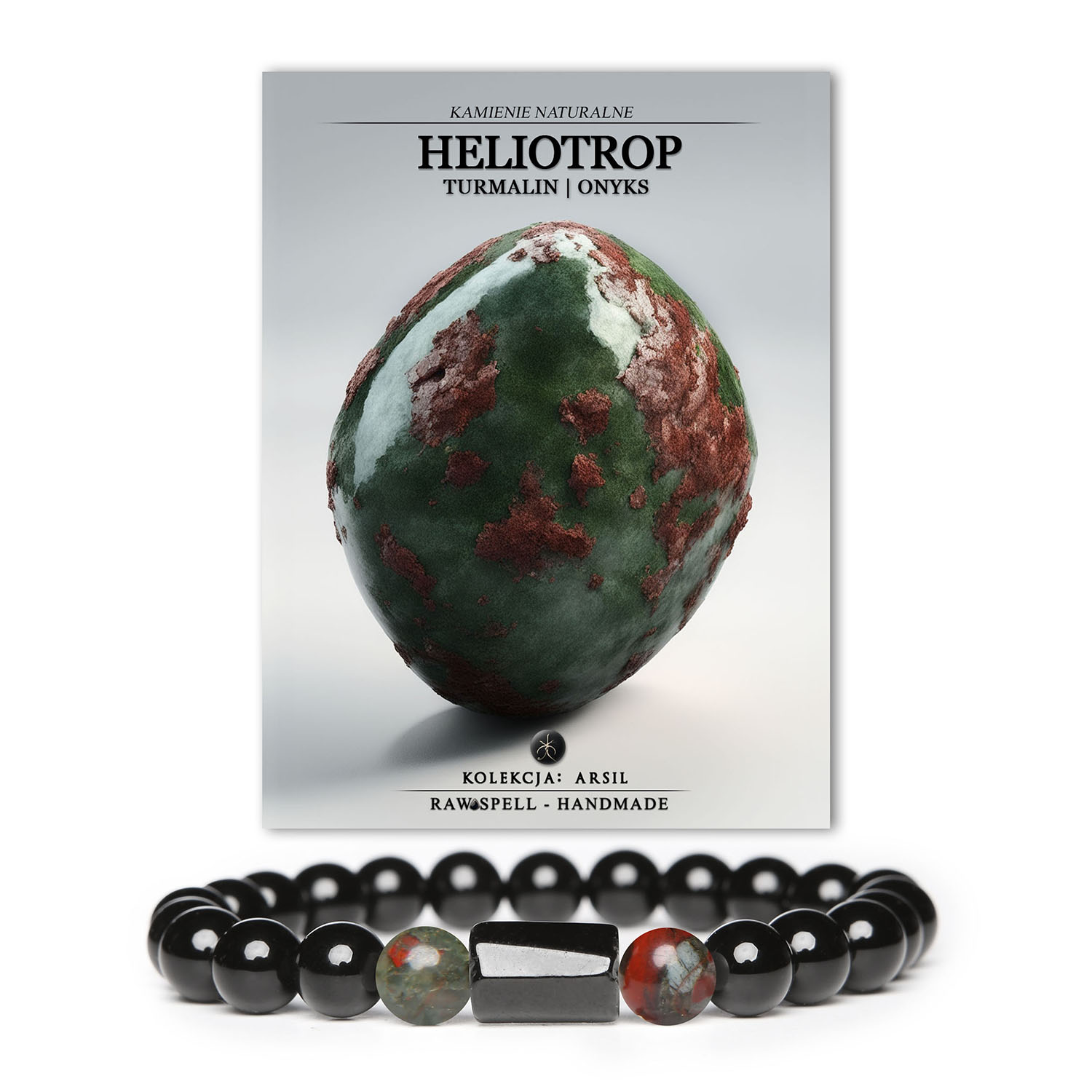 Bransoletka Arsil z kamieniami naturalnymi - heliotrop, turmalin i onyks, odpowiednia zarówno dla kobiet, jak i mężczyzn.