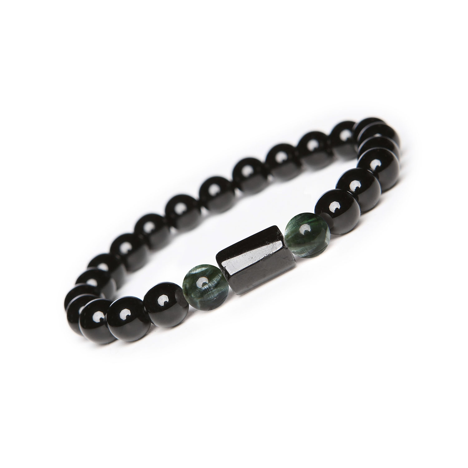 Bransoletka na gumce Arsil z serafinitu, turmalinu i onyksu dla kobiet i mężczyzn Stylowa bransoletka z kolekcji Arsil, wykonana z serafinitu, turmalinu i onyksu, przeznaczona dla kobiet i mężczyzn.