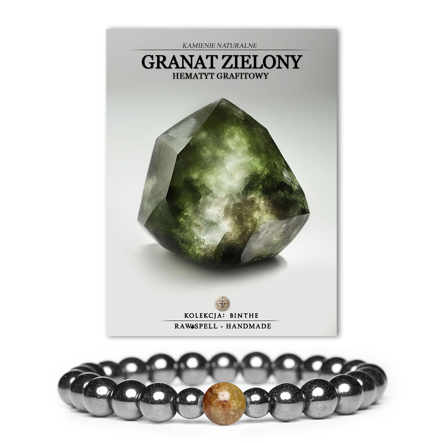 Bransoletka z kolekcji Binthe, ozdobiona naturalnymi kamieniami granatu zielonego i hematytu grafitowego, doskonała dla każdej płci.