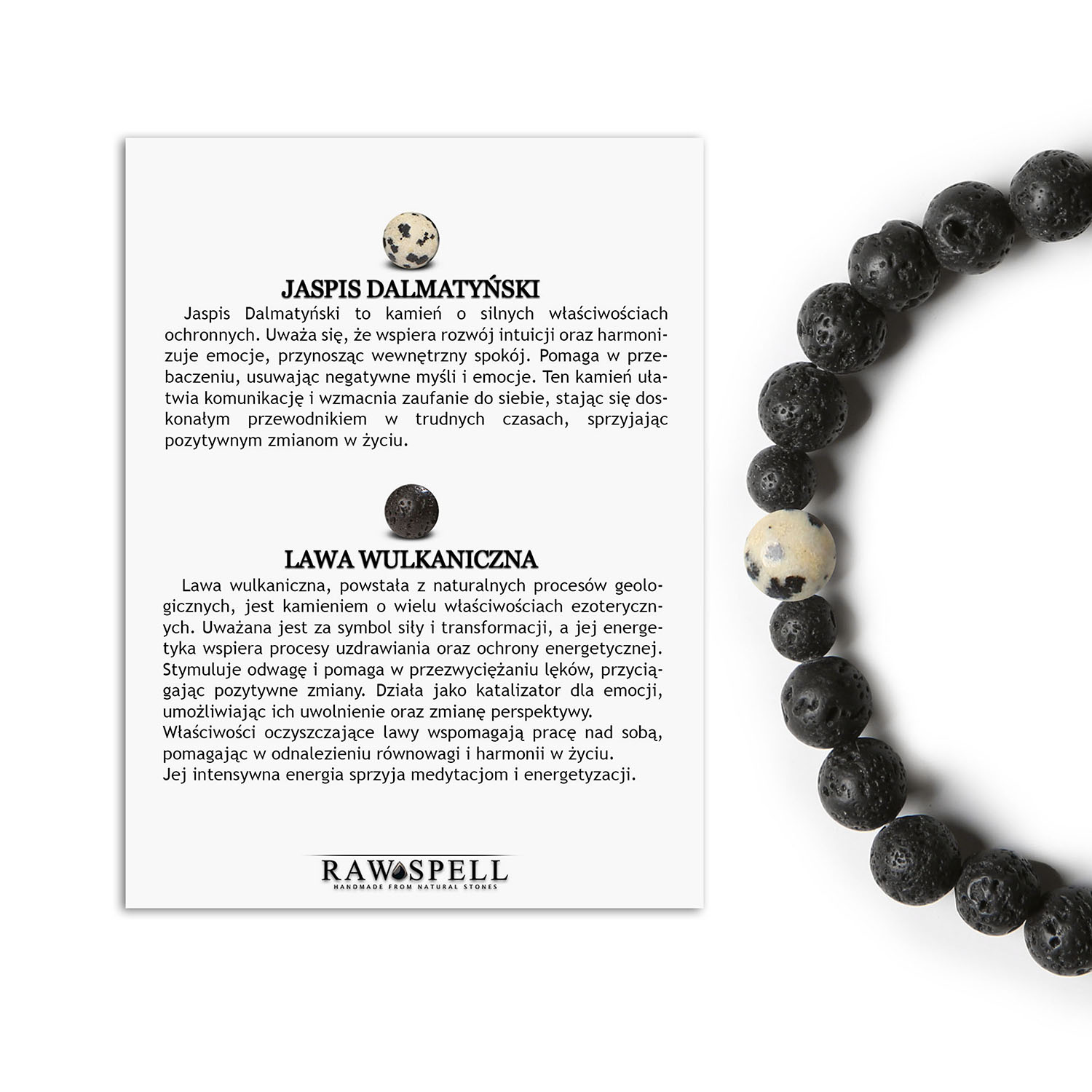 Bransoletka na gumce Binthe z Jaspisem Dalmatyńskim i Lawą Wulkaniczną, dla kobiet i mężczyzn Naturalna bransoletka z jaspisem dalmatyńskim i lawą wulkaniczną od Binthe, uniwersalny dodatek dla kobiet i mężczyzn.