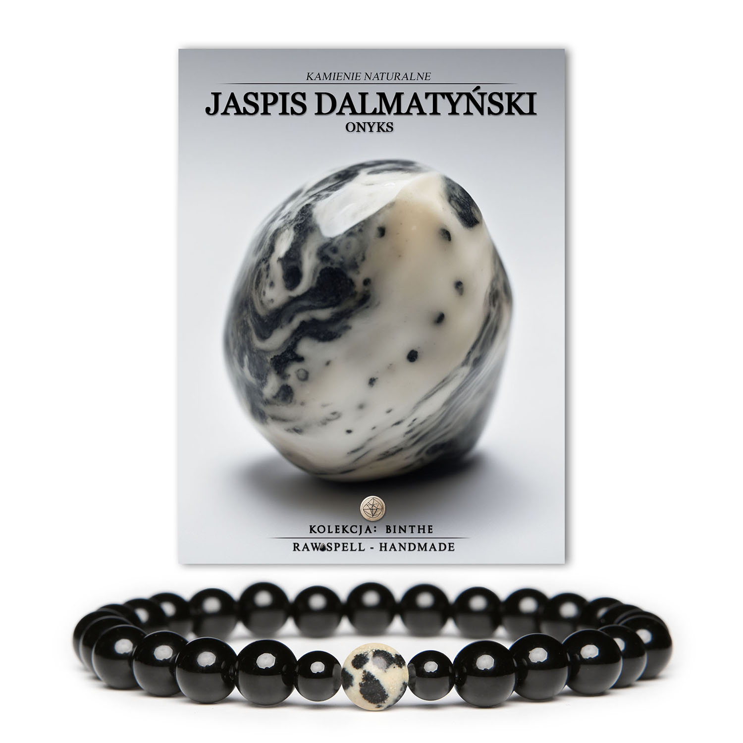 Elegancka bransoletka z jaspisem dalmatyńskim i onyksami, unisex z kolekcji Binthe, idealna na każdą okazję.
