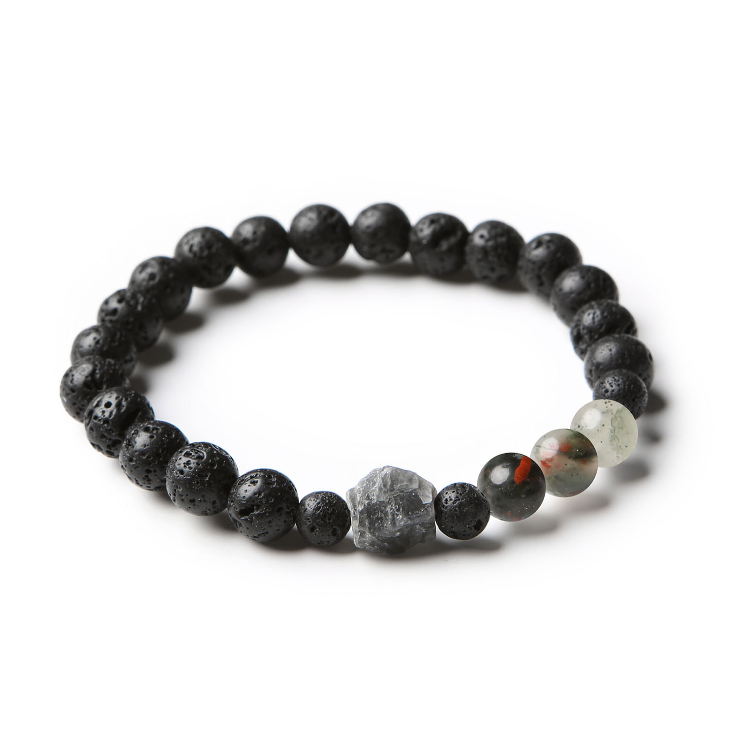 Bransoletka z kolekcji Derdr, zawierająca naturalne kamienie heliotrop, labradoryt i lawę wulkaniczną, przeznaczona dla kobiet i mężczyzn.