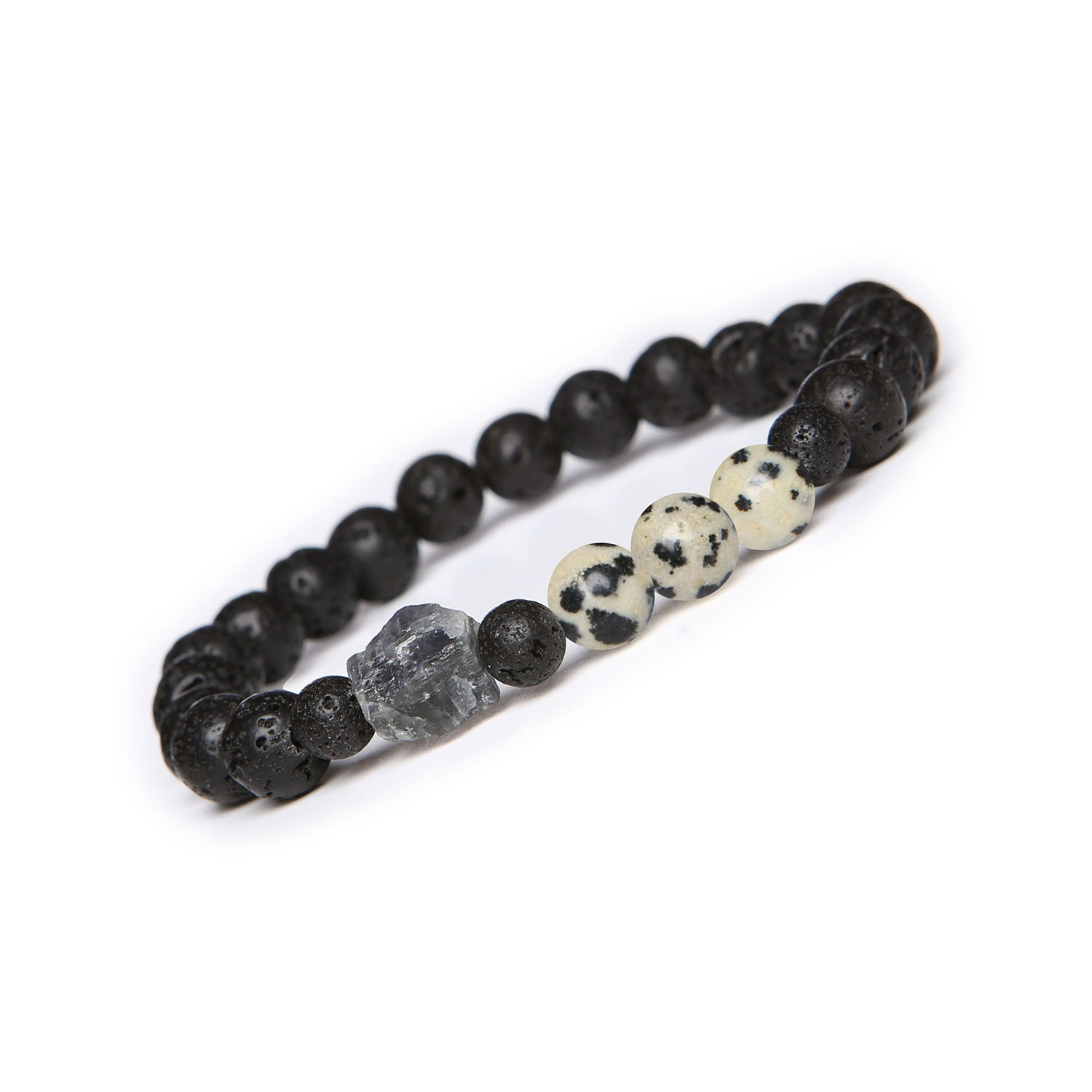 Bransoletka na gumce Derdr z jaspisem dalmatyńskim, labradorytem i lawą wulkaniczną dla kobiet i mężczyzn Bransoletka dla kobiet i mężczyzn z kolekcji Derdr, wykonana z jaspisu dalmatyńskiego, labradorytu i lawy wulkanicznej.