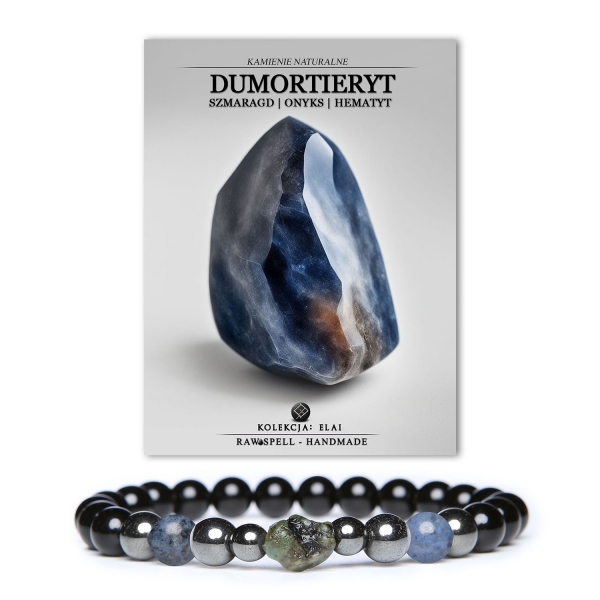 Bransoletka Elai z kamieniami naturalnymi, w tym dumortierytem, szmaragdem, onyksem i hematytem grafitowym, uniwersalna dla kobiet i mężczyzn.