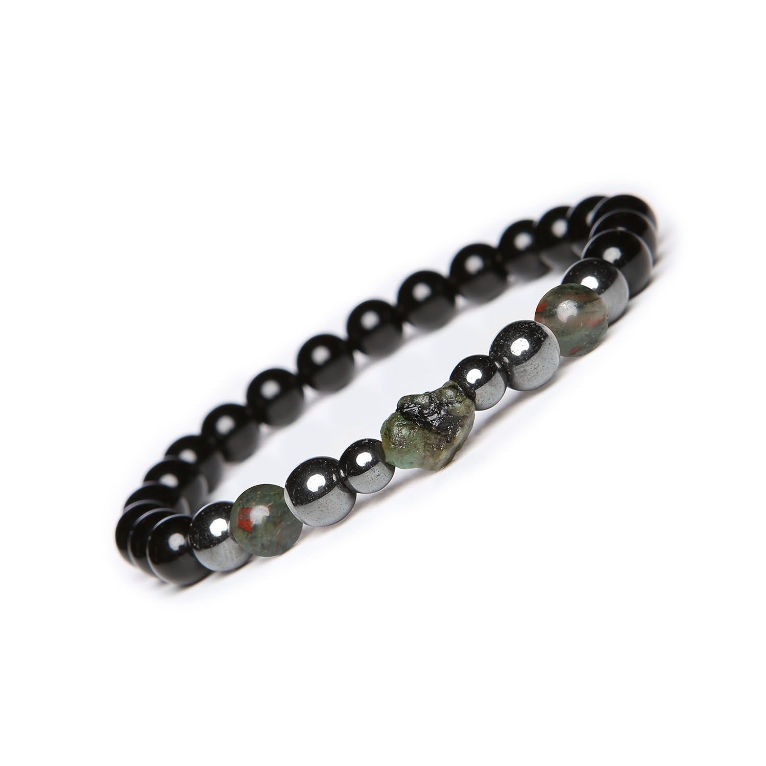 Bransoletka na gumce Elai z heliotropem, szmaragdem, onyksami i hematytem grafitowym dla kobiet i mężczyzn Bransoletka Elai z kamieniami naturalnymi - Heliotrop, Szmaragd, Onyks i Hematyt Grafitowy. Modny dodatek dla kobiet i mężczyzn.