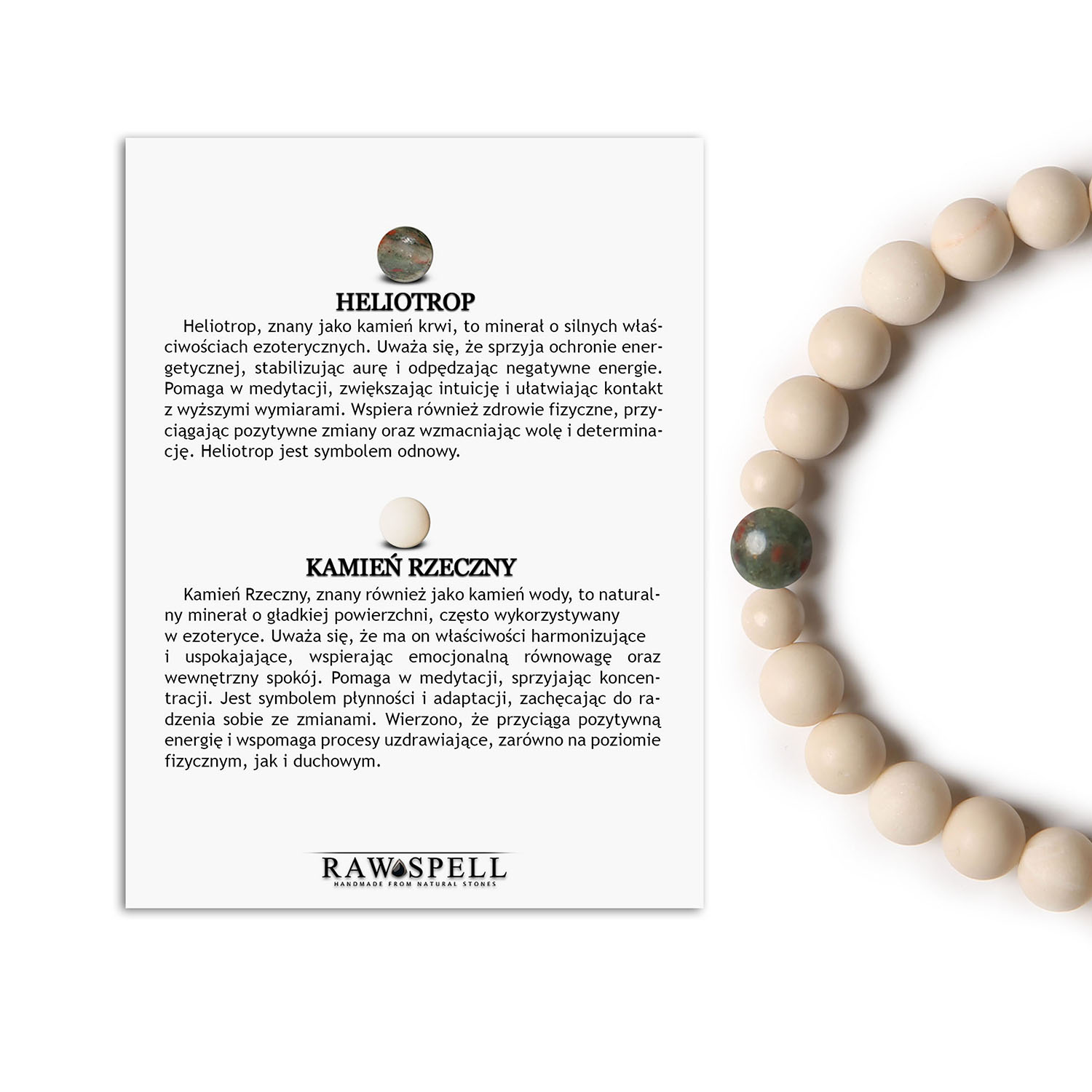 Bransoletka na gumce Heliotrop z kolekcji Binthe, stworzona z kamienia rzecznego, dla kobiet i mężczyzn Elegancka bransoletka z heliotropem i kamieniem rzecznym z kolekcji Binthe, stworzona dla kobiet i mężczyzn.