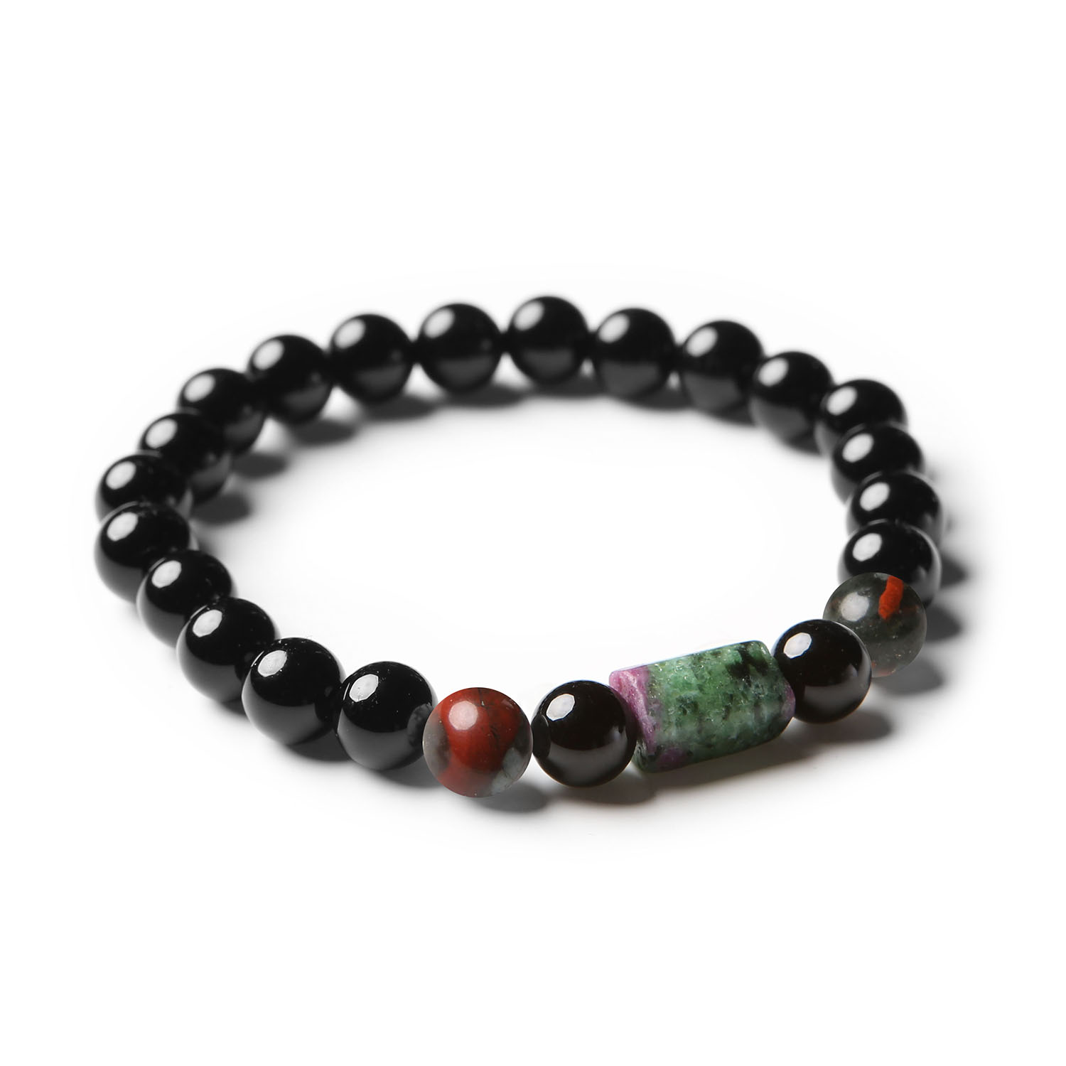 Bransoletka z kolekcji Laeri z kamieni naturalnych: elegancka kombinacja heliotropu, zoisytu z rubinem oraz onyksu, unisex.