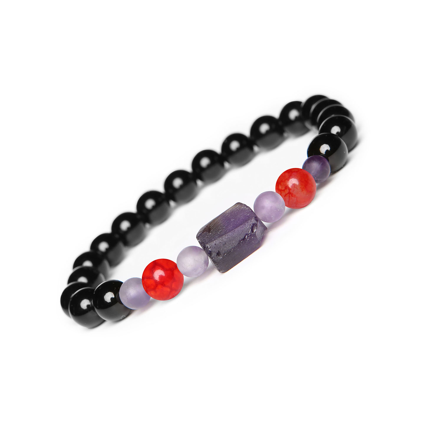 Bransoletka na gumce Kema z Agatem Czerwonym Crackle oraz Ametystem i Onyksami, idealna dla kobiet i mężczyzn Uniwersalna bransoletka Kema z czerwonym Agatem Crackle, Ametystem i Onykiem, dostępna dla kobiet i mężczyzn.