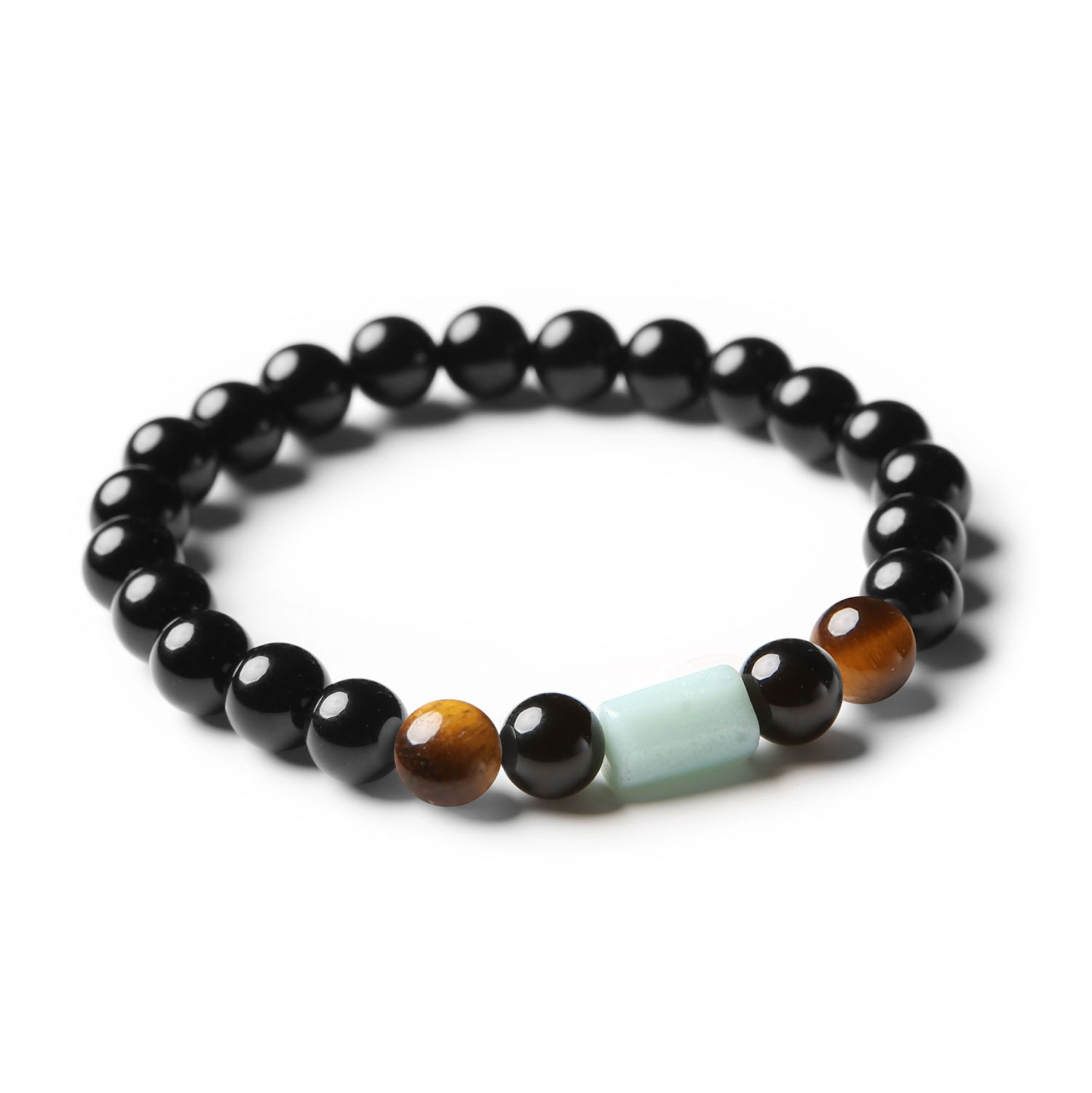 Stylowa bransoletka z kolekcji Laeri, wykonana z kamieni naturalnych: Tygrysie Oko, Amazonit i Onyks, idealna dla każdej płci.