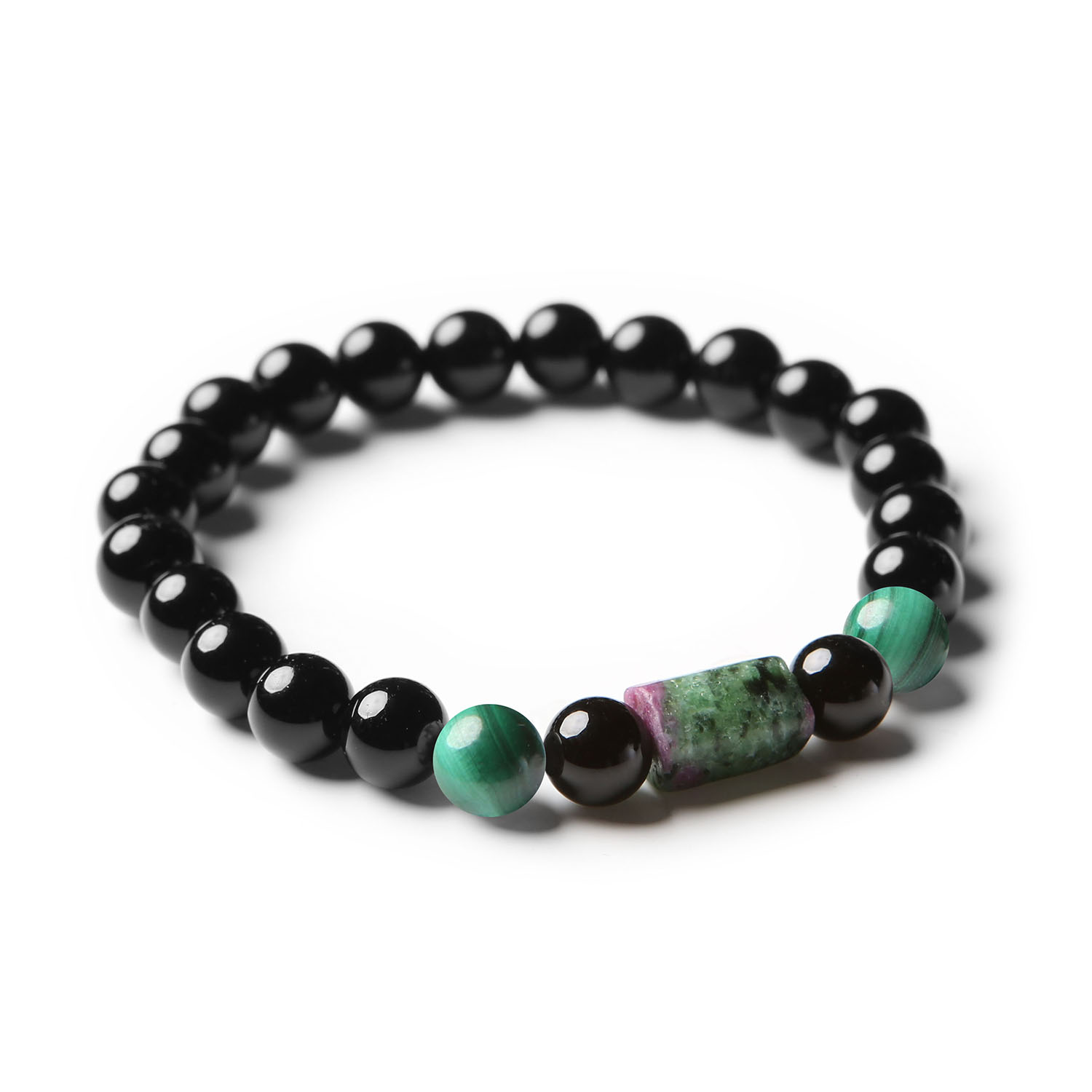 Bransoletka Laeri z naturalnych kamieni: malachit, zoisyt z rubinem i onyks, na gumce, dla kobiet i mężczyzn.