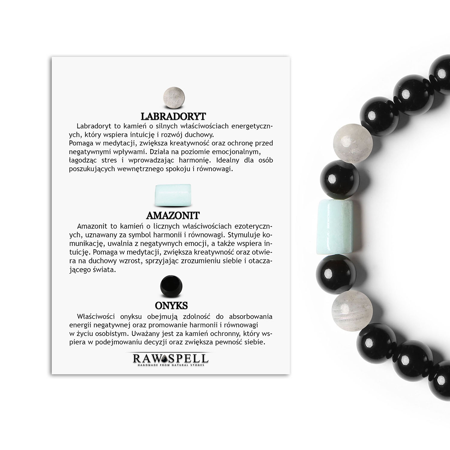 Bransoletka na gumce Laeri - labradoryt, amazonit, onyks dla kobiet i mężczyzn Bransoletka Laeri z kamieni szlachetnych: labradoryt, amazonit oraz onyks, świetna opcja dla każdej płci.