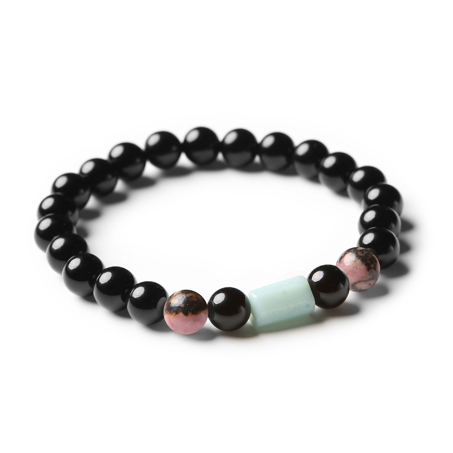 Bransoletka z kolekcji Laeri z naturalnymi kamieniami: rodonit różowo-czarny, amazonit i onyks, idealna dla kobiet i mężczyzn.