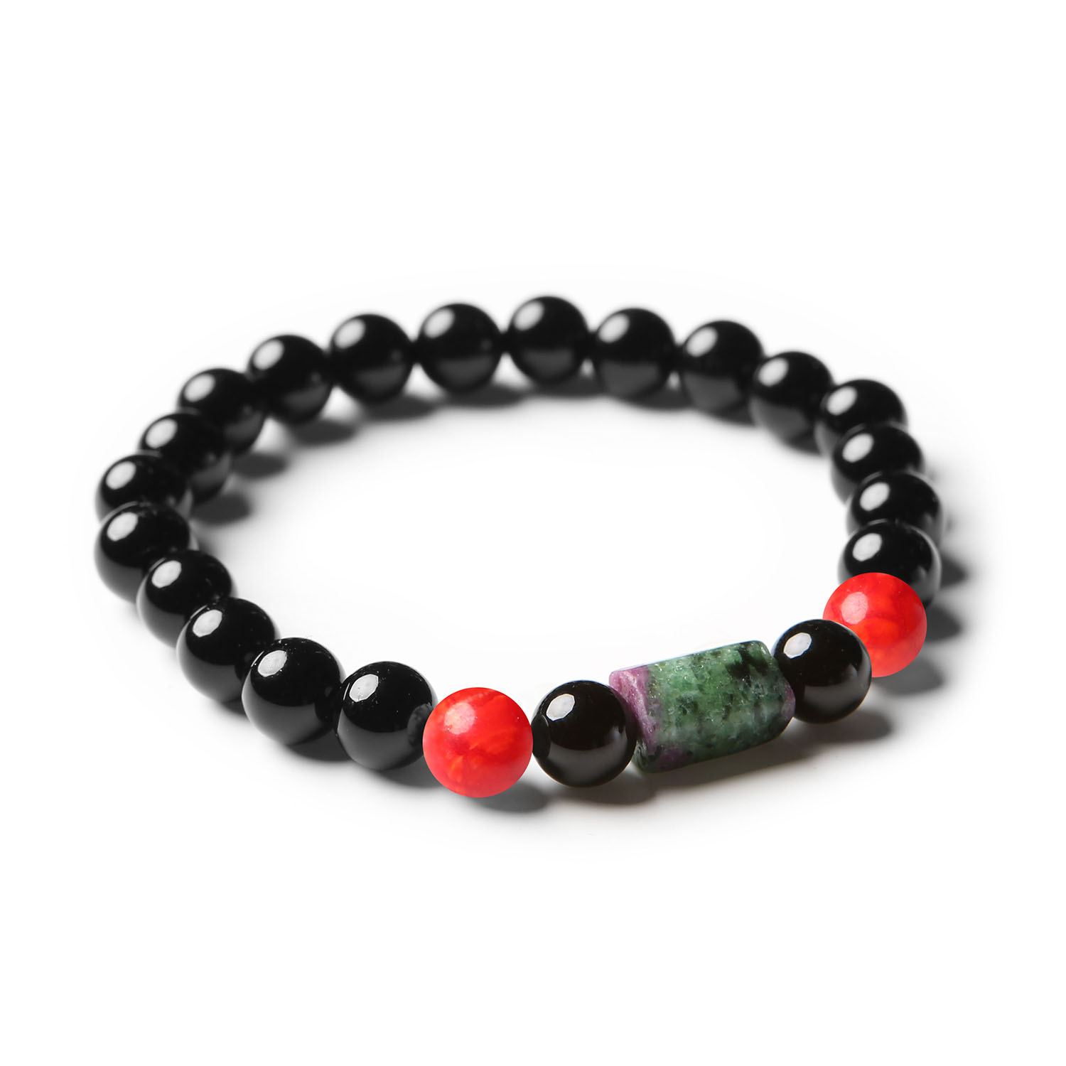 Stylowa bransoletka Laeri z kamieniami naturalnymi, w tym czerwonym agatem crackle, zoisytą z rubinem oraz onyks, dla każdego.