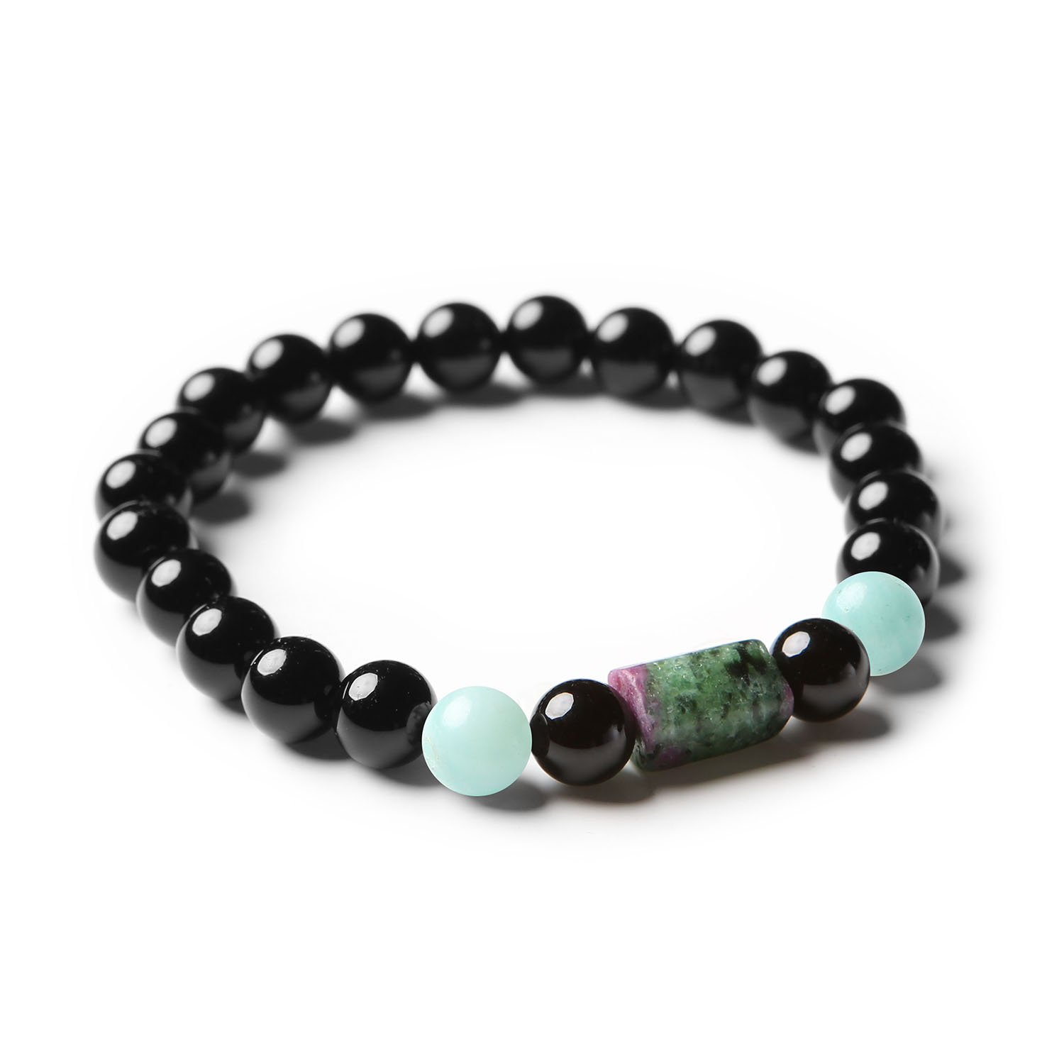 Oryginalna bransoletka na gumce Laeri z Amazonitem, Zoisite z Rubinem i Onyksu, stworzona dla kobiet i mężczyzn.