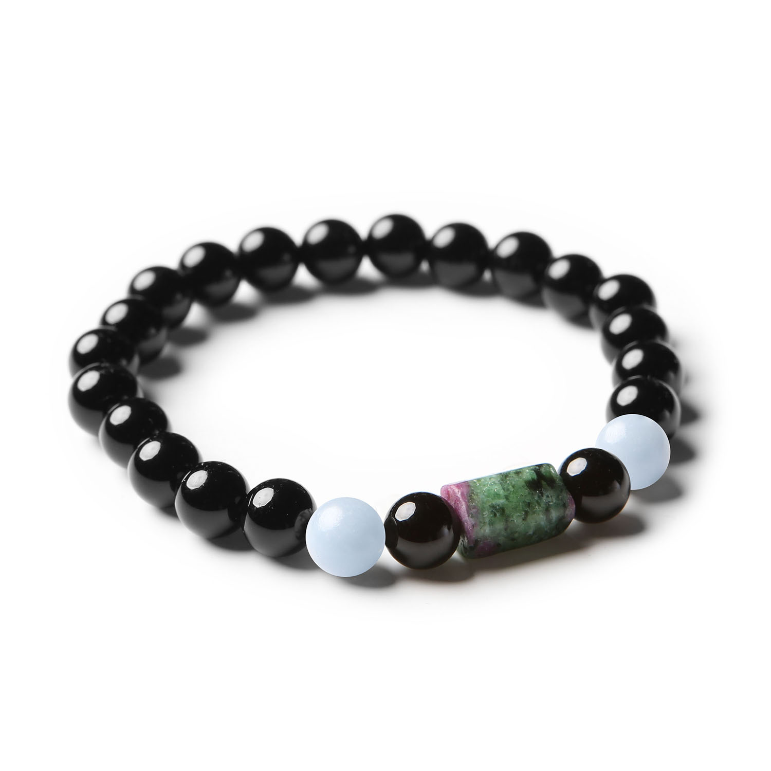 Bransoletka na gumce Laeri z Angelitem, Zoisyt z Rubinem i Onyksami dla Kobiet i Mężczyzn Bransoletka z kolekcji Laeri dla kobiet i mężczyzn, z kamieniami naturalnymi: Angelit z Peru, Zoisyt z Rubinem i Onyks, na wygodnej gumce.