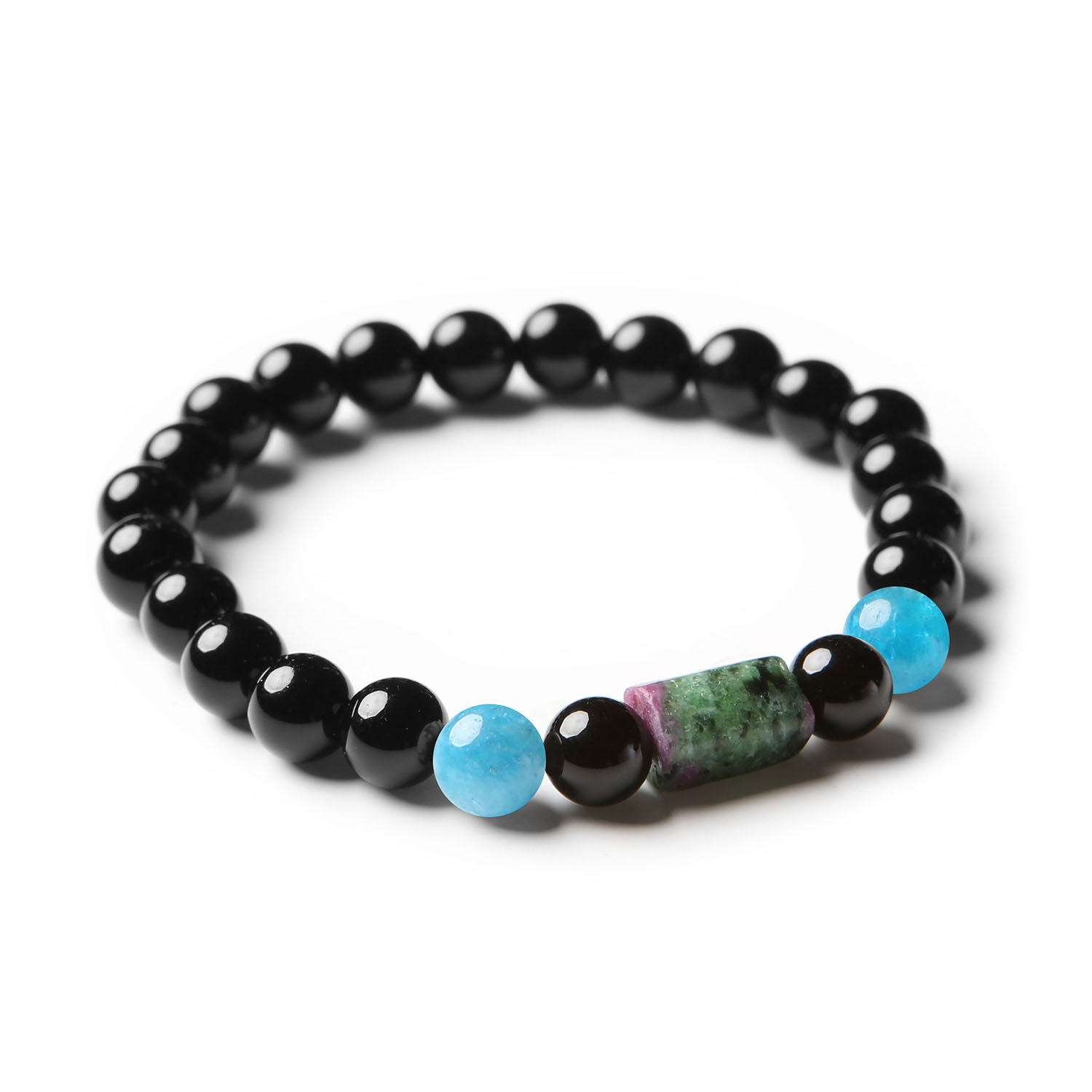 Unikatowa bransoletka Laeri z kamieniami naturalnymi: apatyt, zoisyt z rubinem i onyks, na gumce, doskonała dla osób ceniących oryginalność i naturalne piękno.